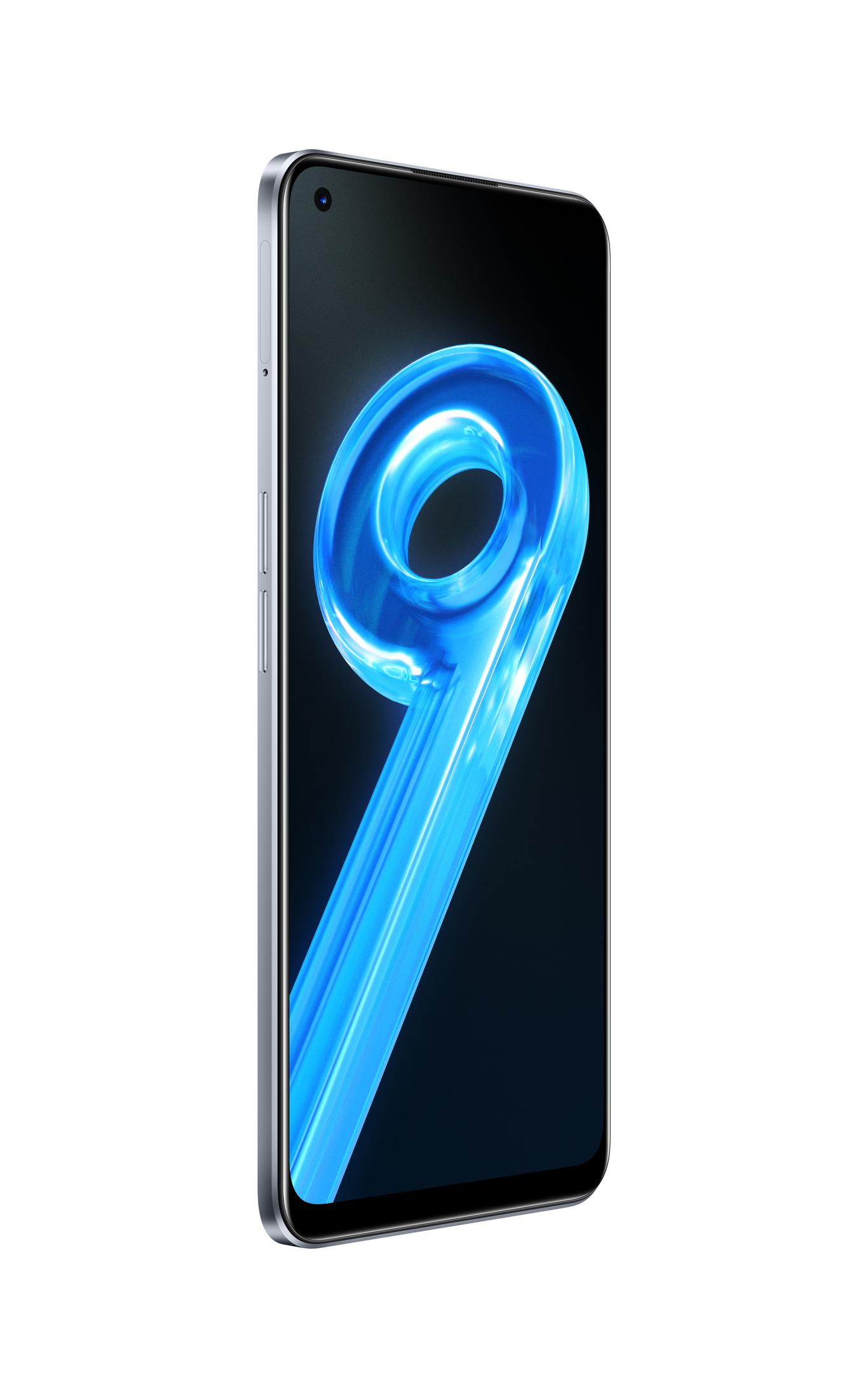 Ein Smartphone mit großem Bildschirm zeigt eine blaue Ziffer 9. Das Telefon ist silber.