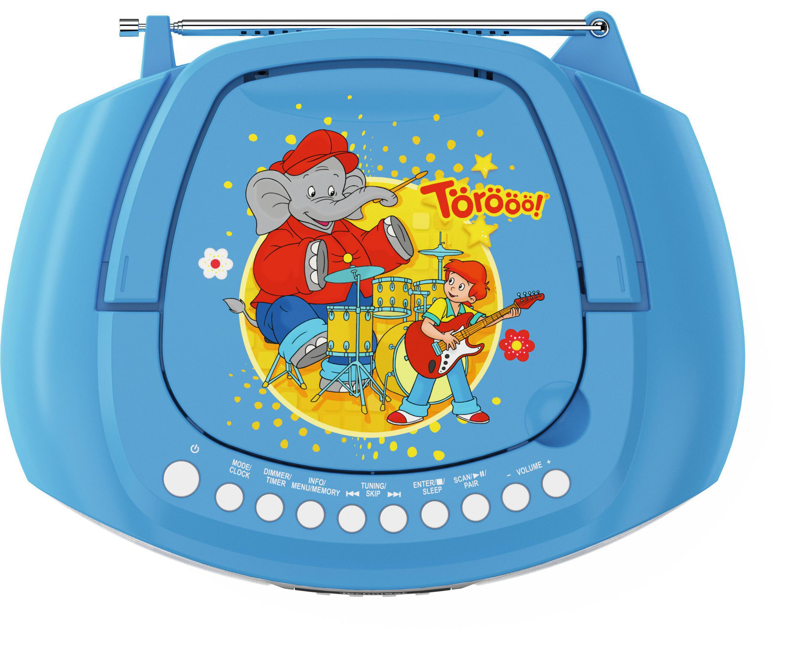 Ein blaues Kinder-Radio mit Illustrationen eines Elefanten und eines Jungen.