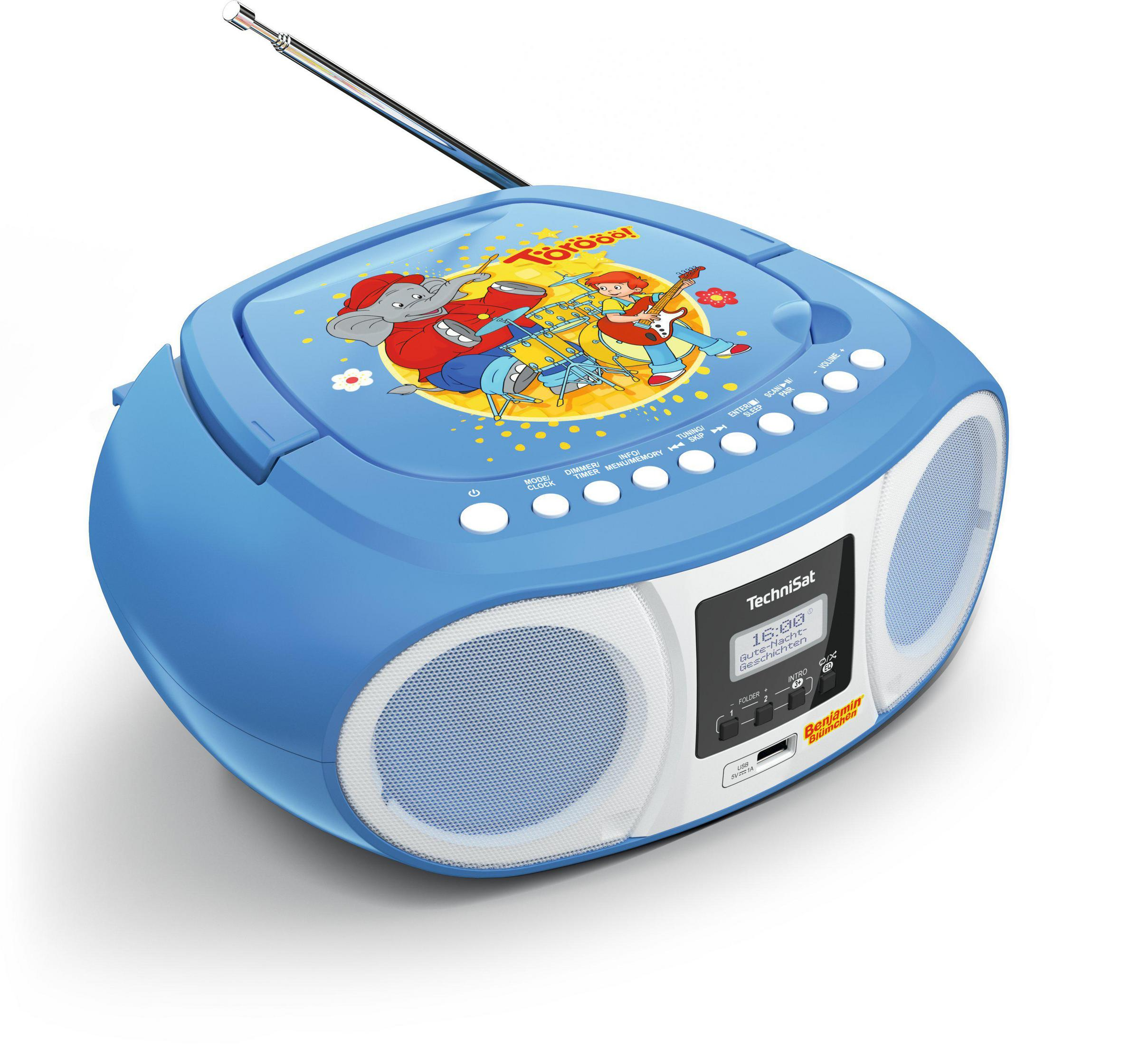 Blaues TechniSat-Radio mit Cartoon-Design und kleinem Display, weiße Lautsprecher.