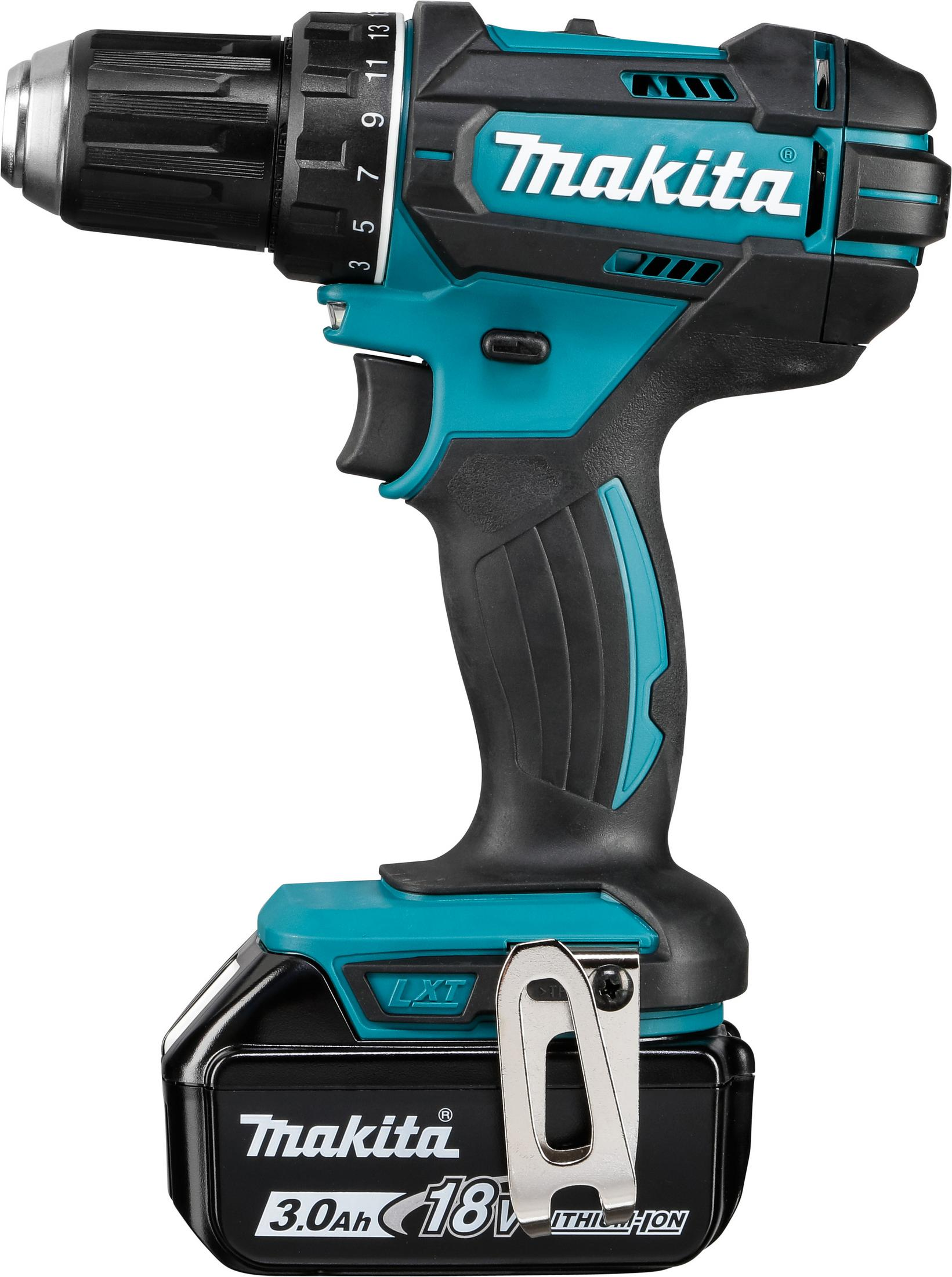 Ein türkis-schwarzer Makita Akku-Bohrer mit angebrachtem Akku.