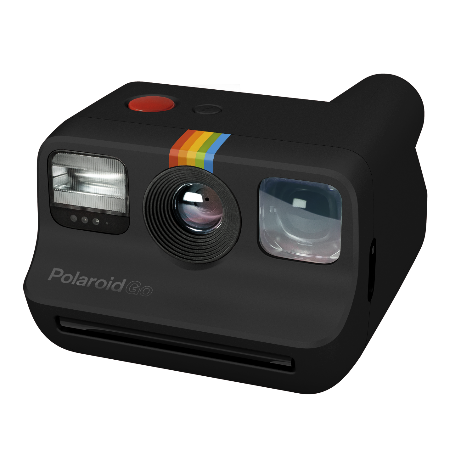 Czarny aparat Polaroid Go. Czerwony przycisk, tęczowy pasek, lampa błyskowa i obiektyw. Czarne tło.