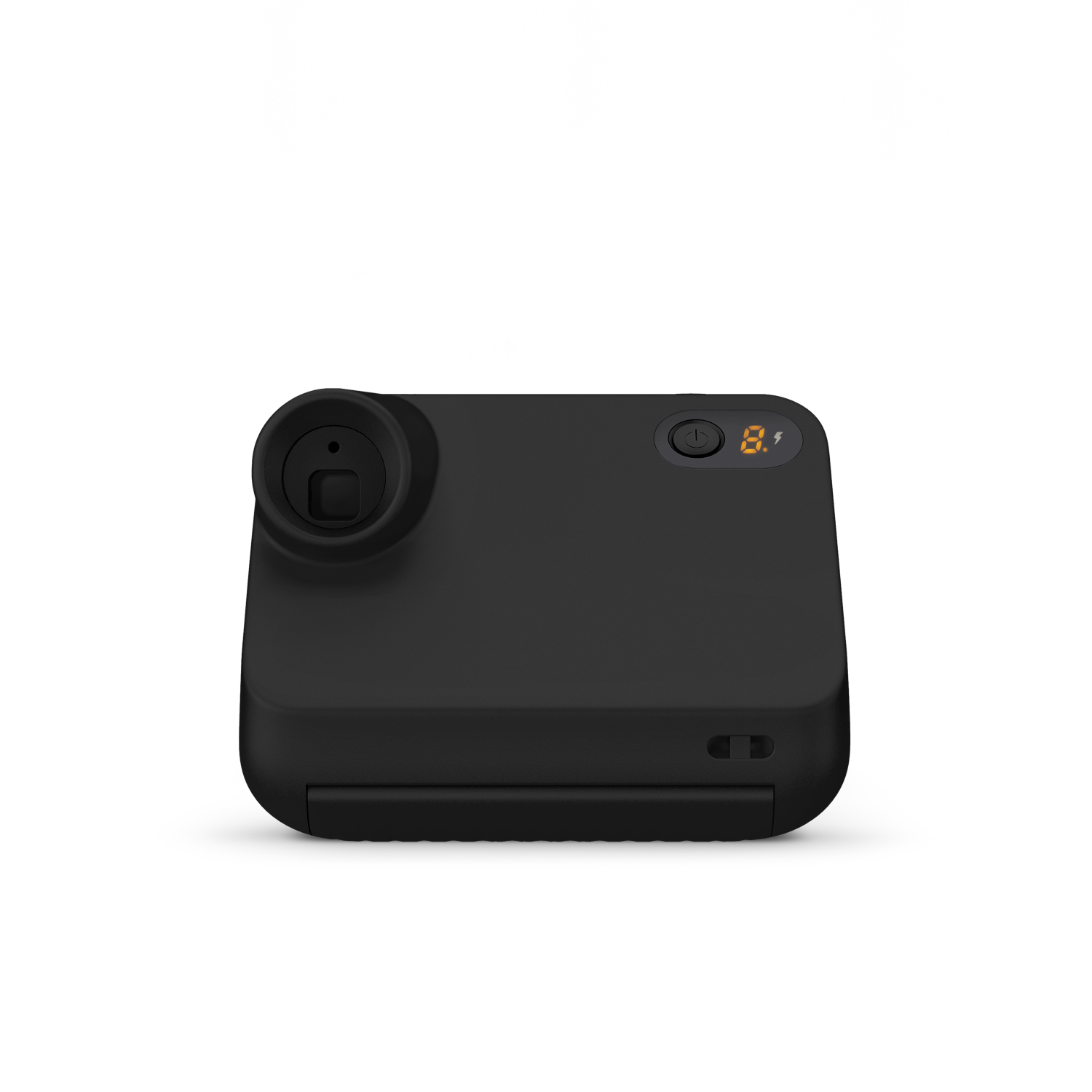 Czarny aparat z okrągłym obiektywem i przyciskiem zasilania na górze. Ma mały wyświetlacz.