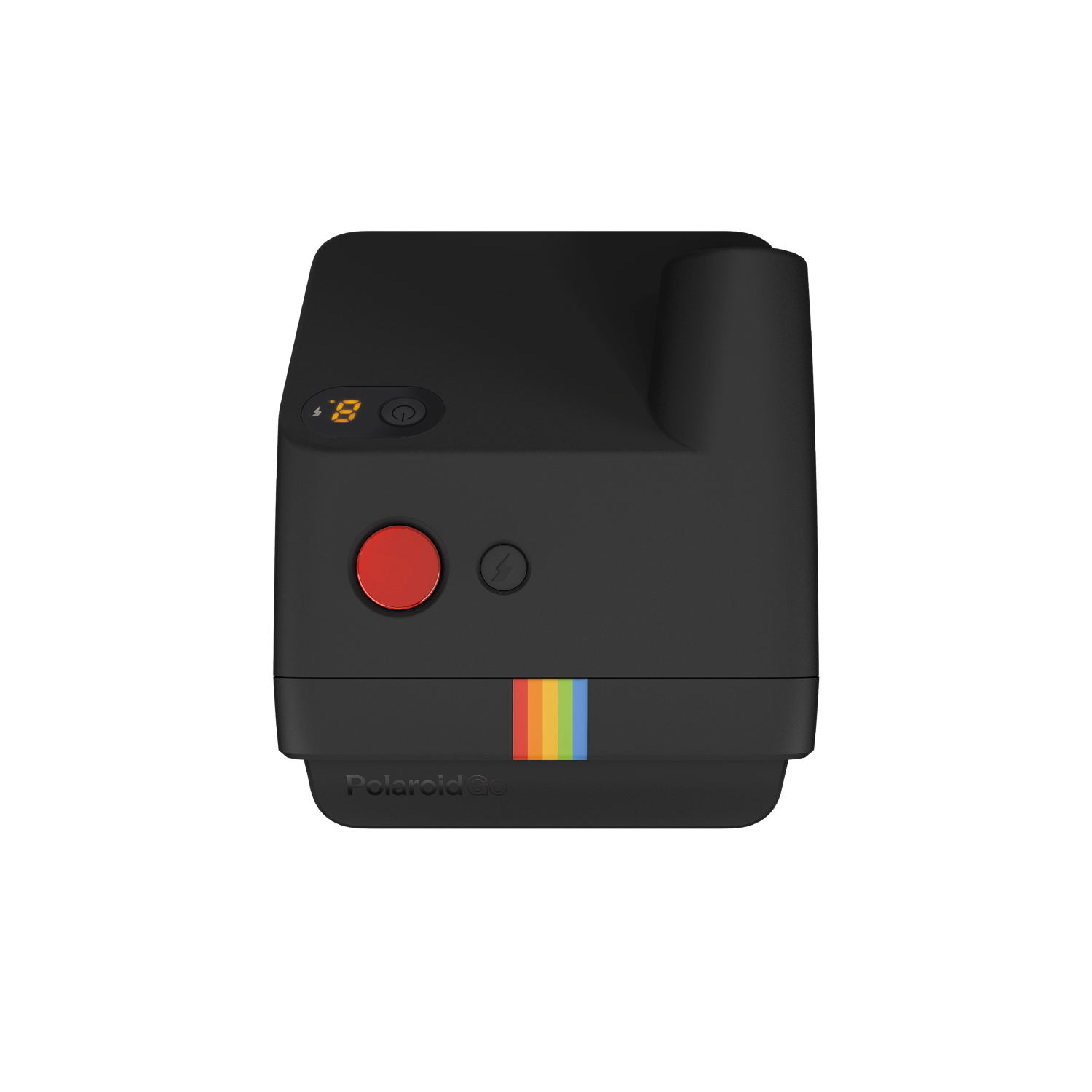 Czarny aparat Polaroid z tęczowym paskiem na dole i czerwonym przyciskiem.