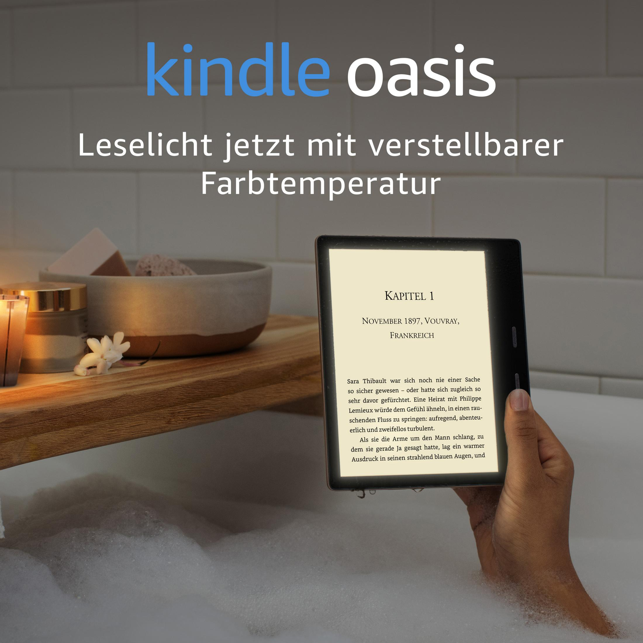 Person in der Badewanne liest auf einem Kindle Oasis E-Reader. Text auf dem Bildschirm sichtbar.