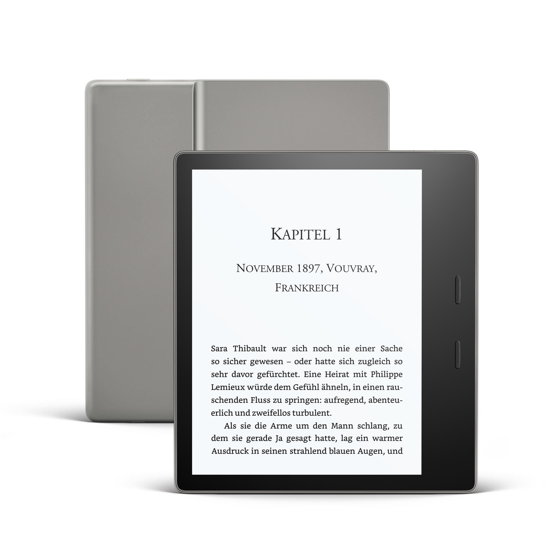 E-Reader mit Text auf dem Bildschirm, Buchcover dahinter, weißer Hintergrund.