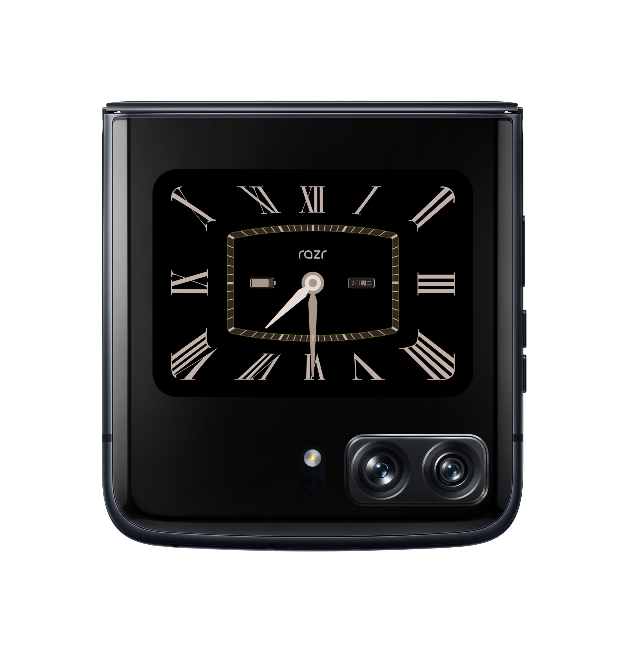 Schwarzes faltbares Telefon mit Uhranzeige und Kameras, freigestellt auf weißem Hintergrund.
