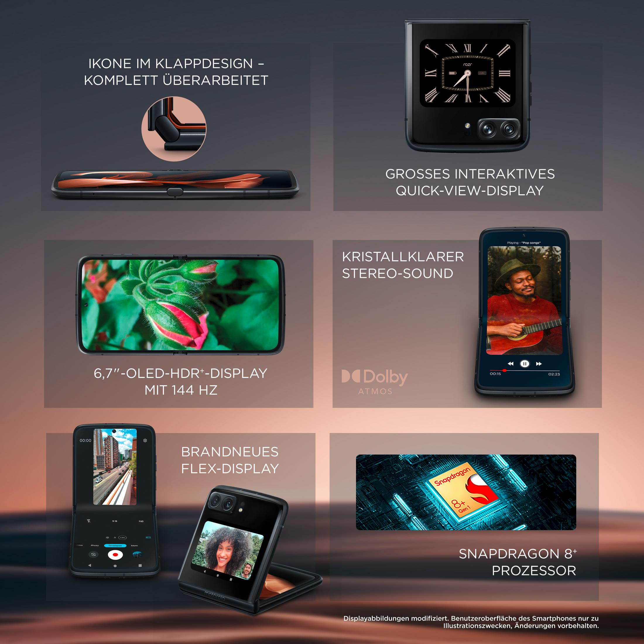 Ein Telefon mit mehreren Bildschirmen. Zeigt ein faltbares Telefon, eine Smartwatch und einen Snapdragon-Prozessor.