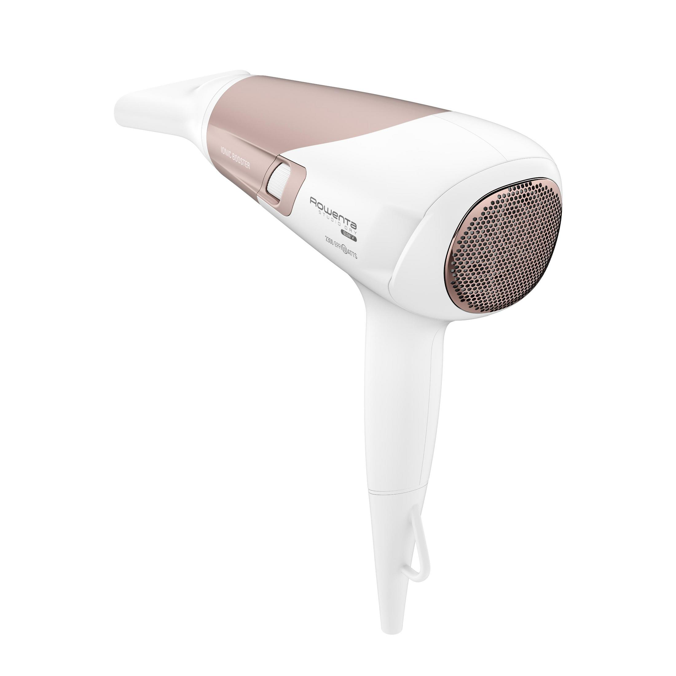 Biała i różowo-złota suszarka do włosów Rowenta, pod kątem na białym tle.