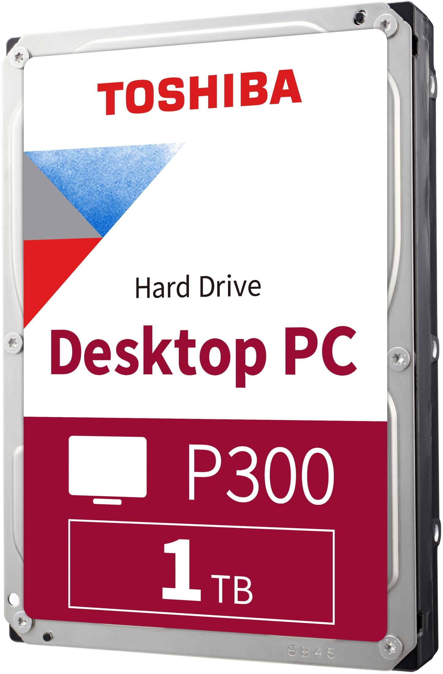 Dysk twardy Toshiba do komputera stacjonarnego. Ma czerwoną i białą etykietę o pojemności 1 TB.