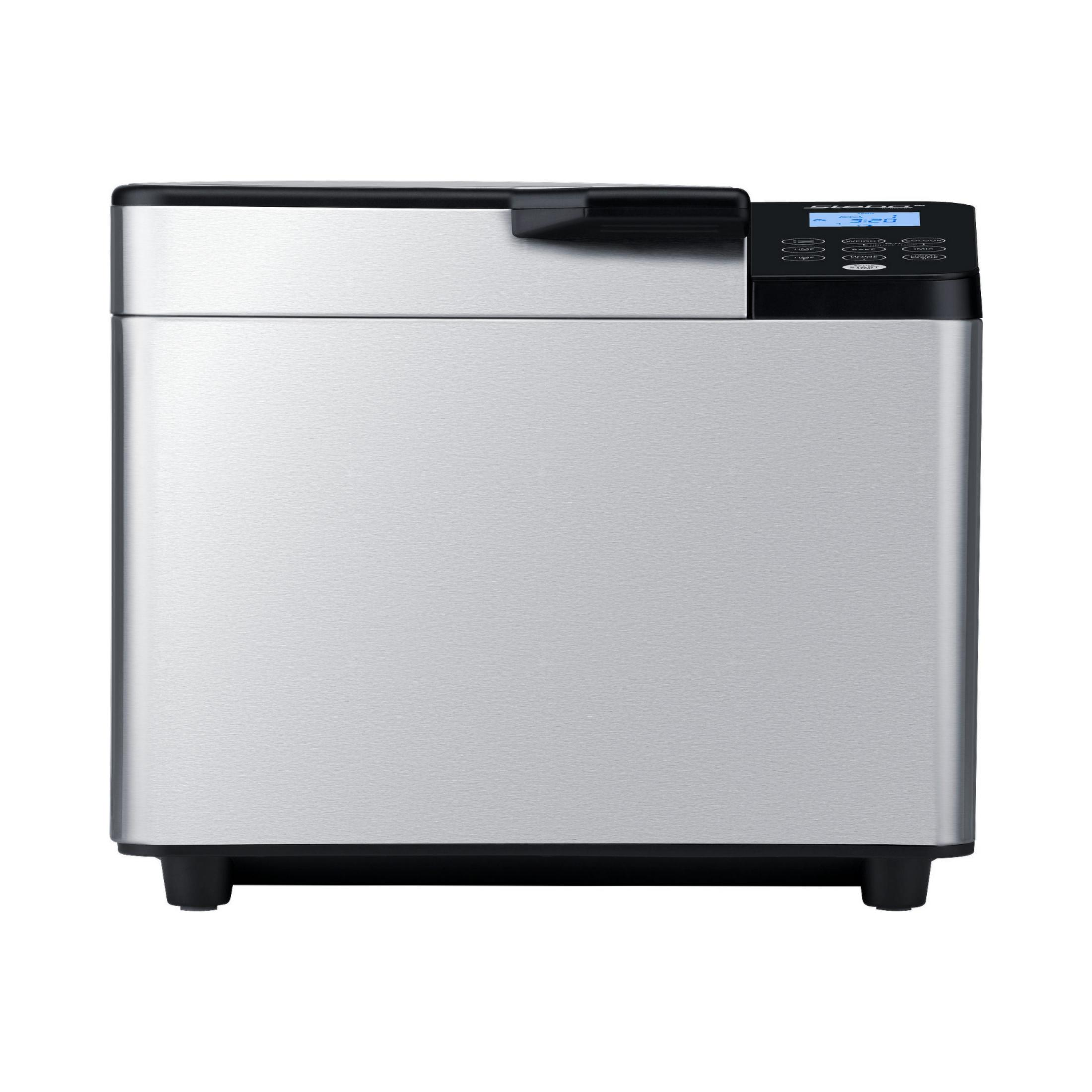 Silberfarbener Brotbackautomat mit schwarzem Deckel und Digitalanzeige.