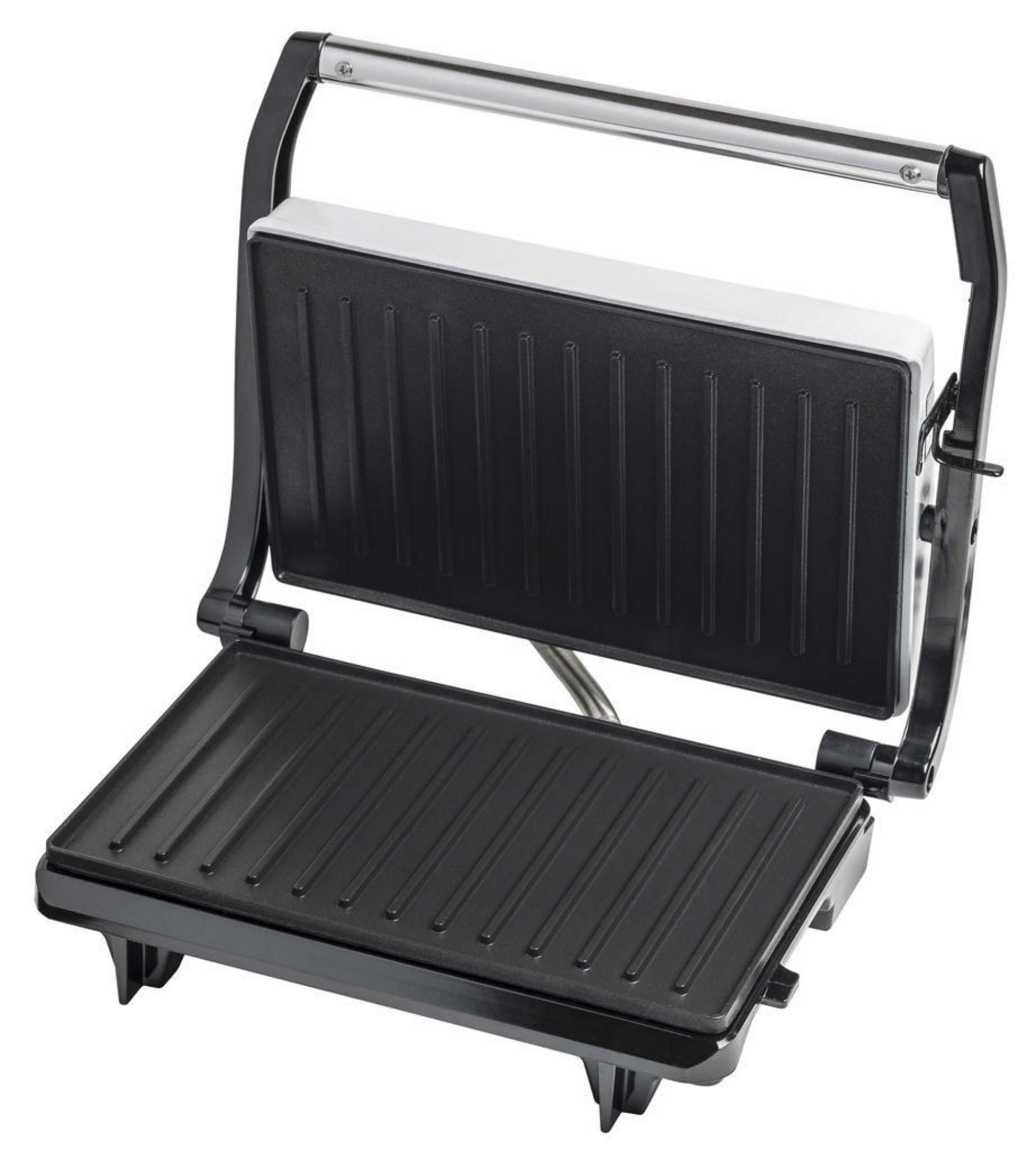 Grill, offen. Schwarz und weiß. Es ist ein offener Grill mit einem oberen und unteren Abschnitt.