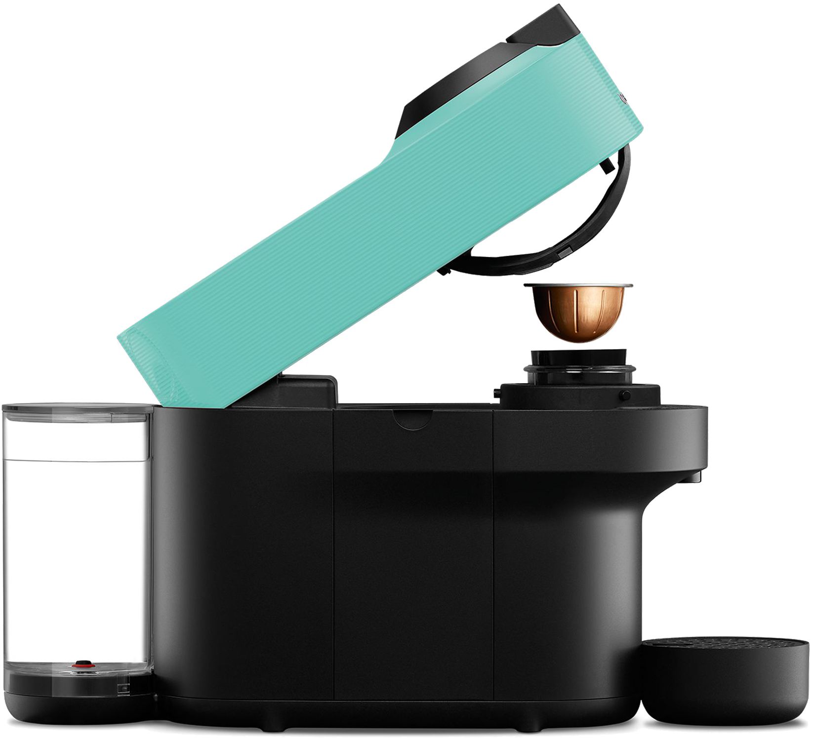 Czarny i srebrny ekspres do kawy z otwartą pokrywą, trzymający turkusową kapsułkę. Na górze miedziana kapsułka do kawy.