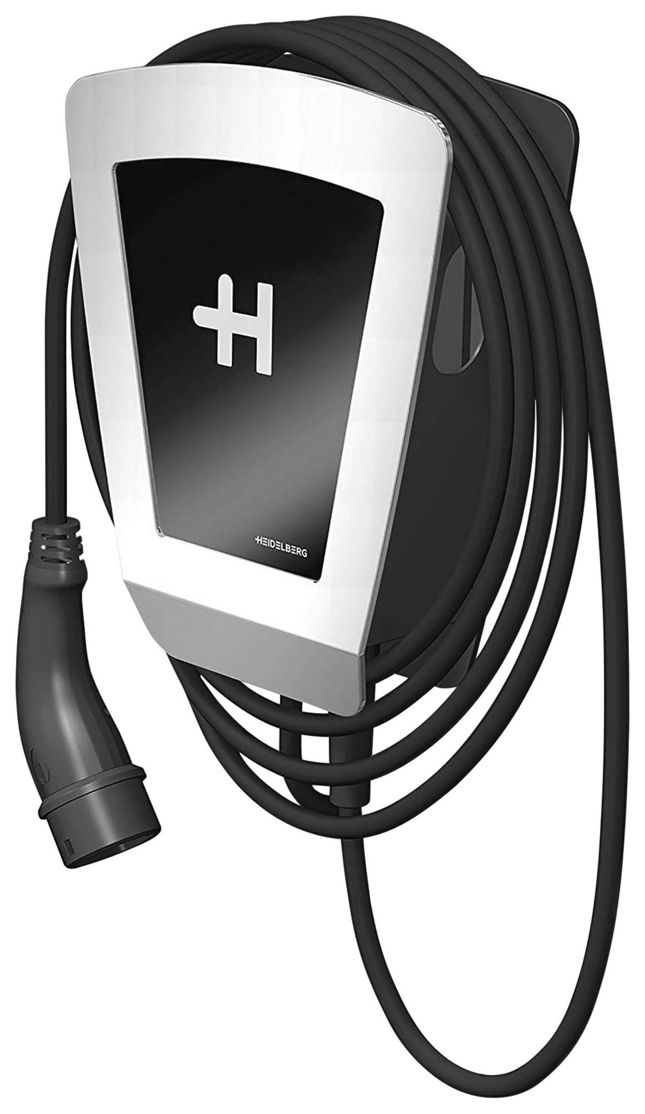 Schwarzes und silbernes Ladegerät für Elektrofahrzeuge an einer Wand, mit schwarzem Kabel.
