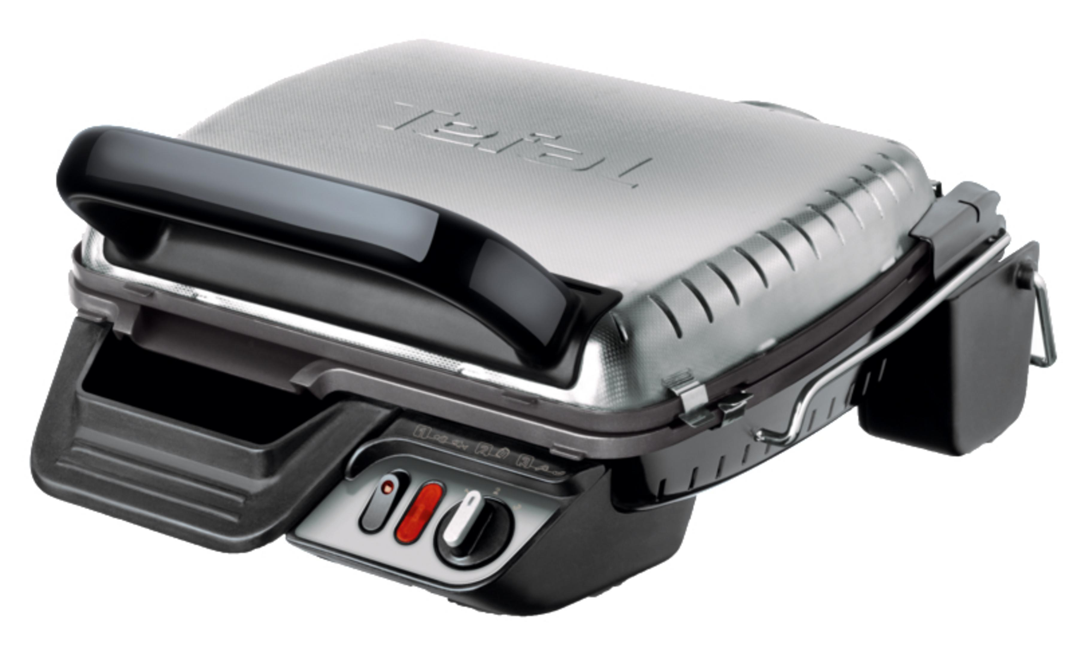 Ein silberner und schwarzer Tefal-Grill. Er hat einen Griff, Bedienelemente und eine Tropfschale.