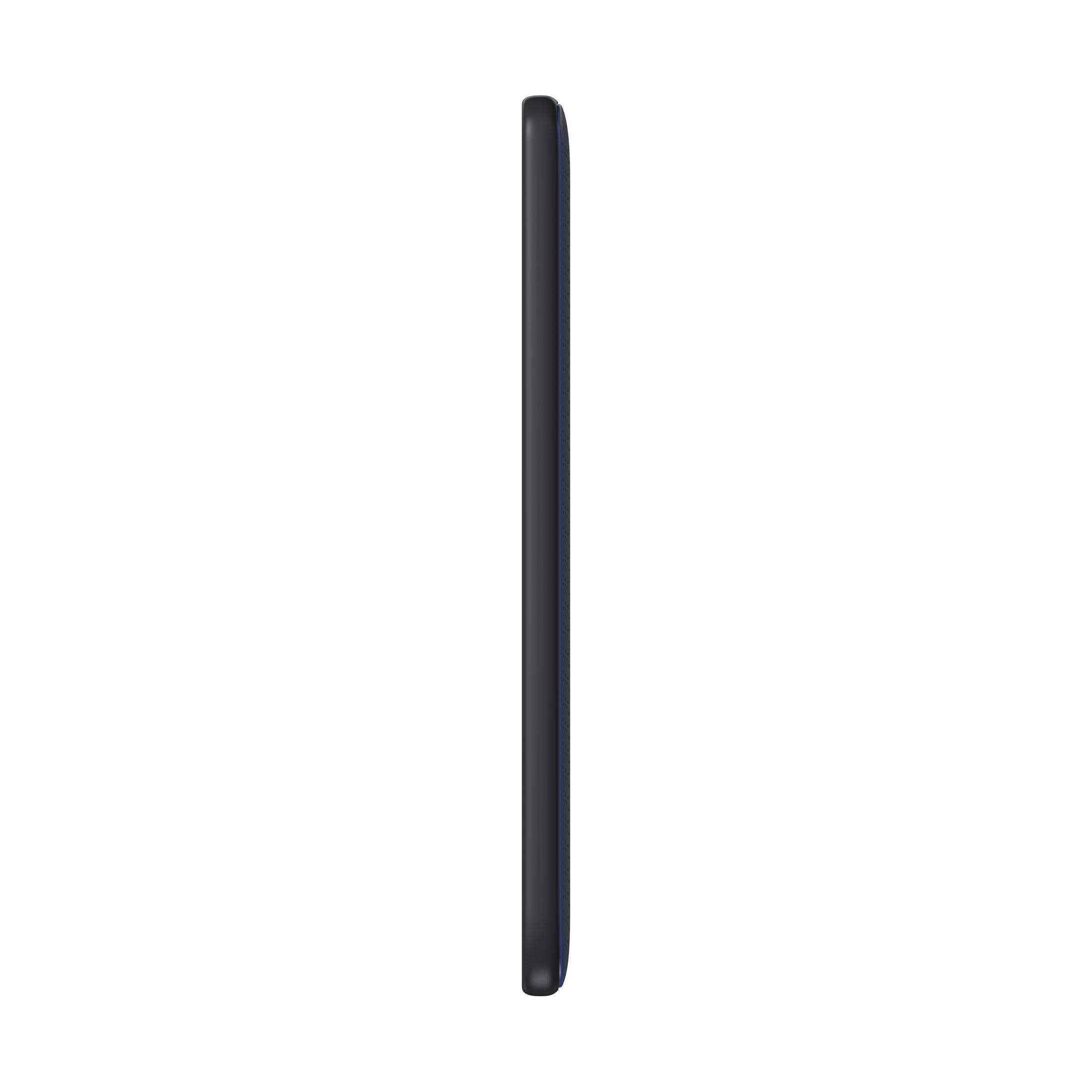 Seitenansicht eines schwarzen Telefons auf weißem Hintergrund.