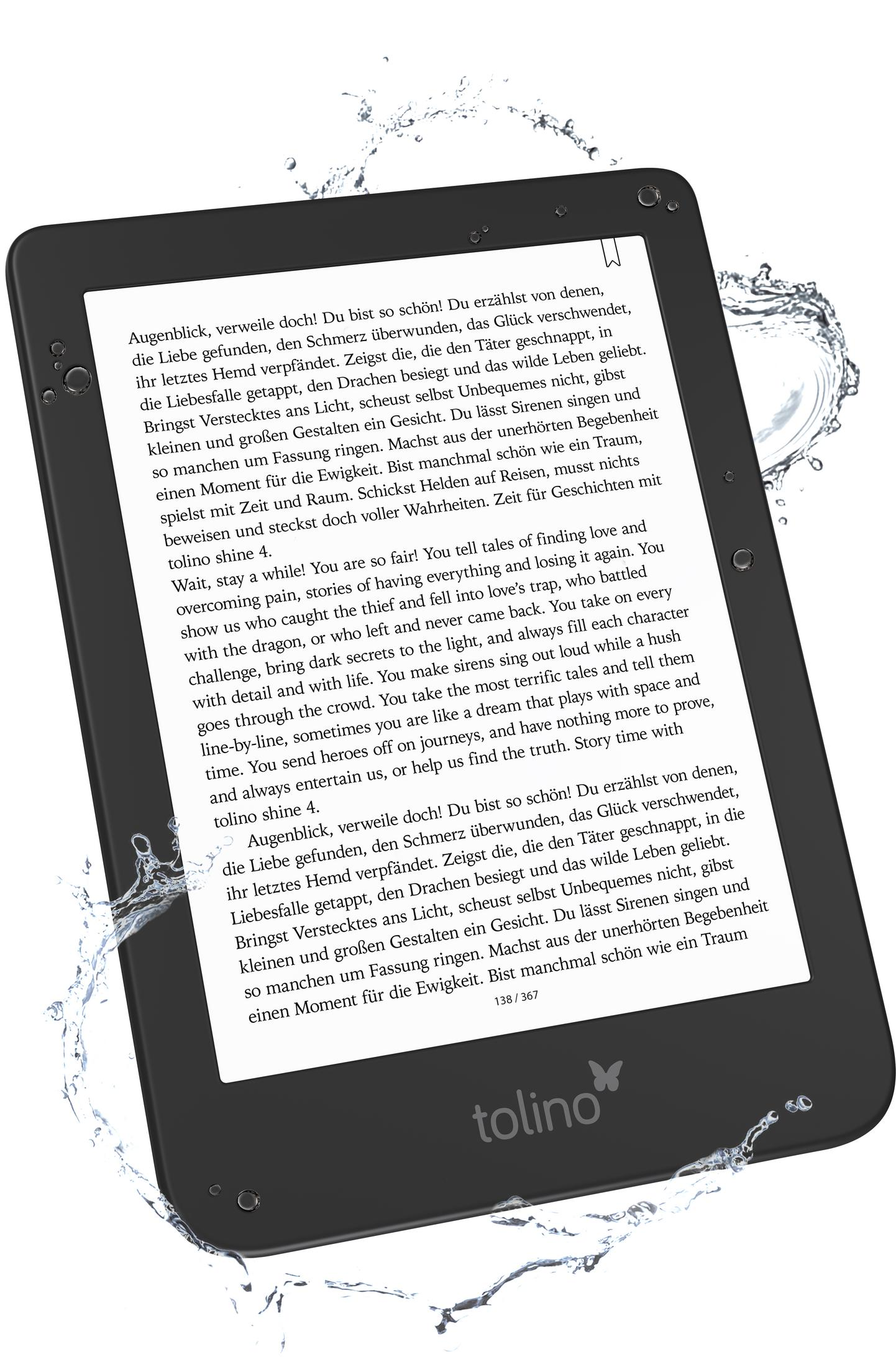 Ein schwarzer E-Reader mit weißem Bildschirm, der Text anzeigt, umgeben von Wasserspritzern. Die Marke ist Tolino.