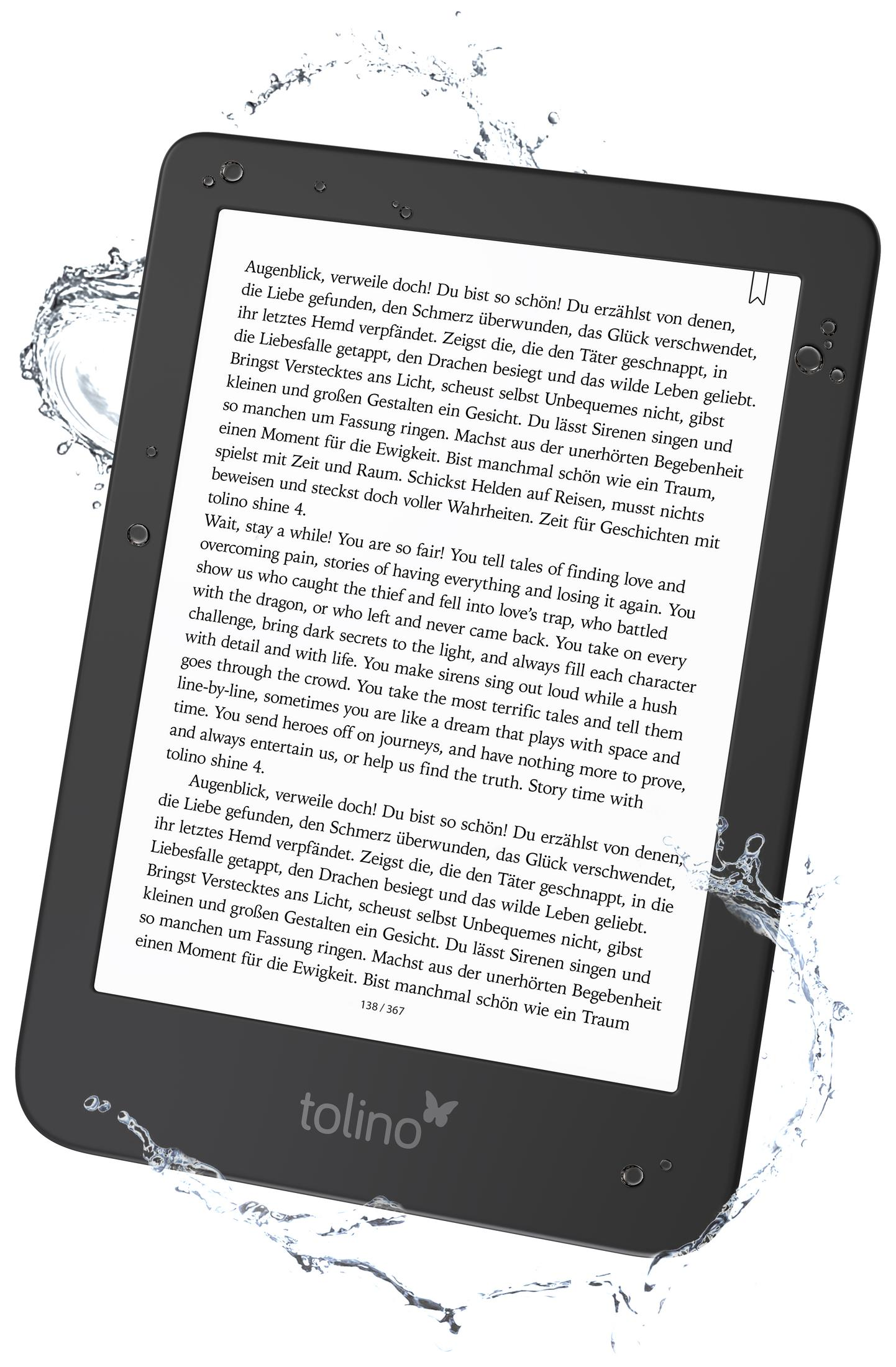 E-Reader-Gerät mit Wasserspritzern. Anzeige zeigt Text. Schwarzes Gerät.