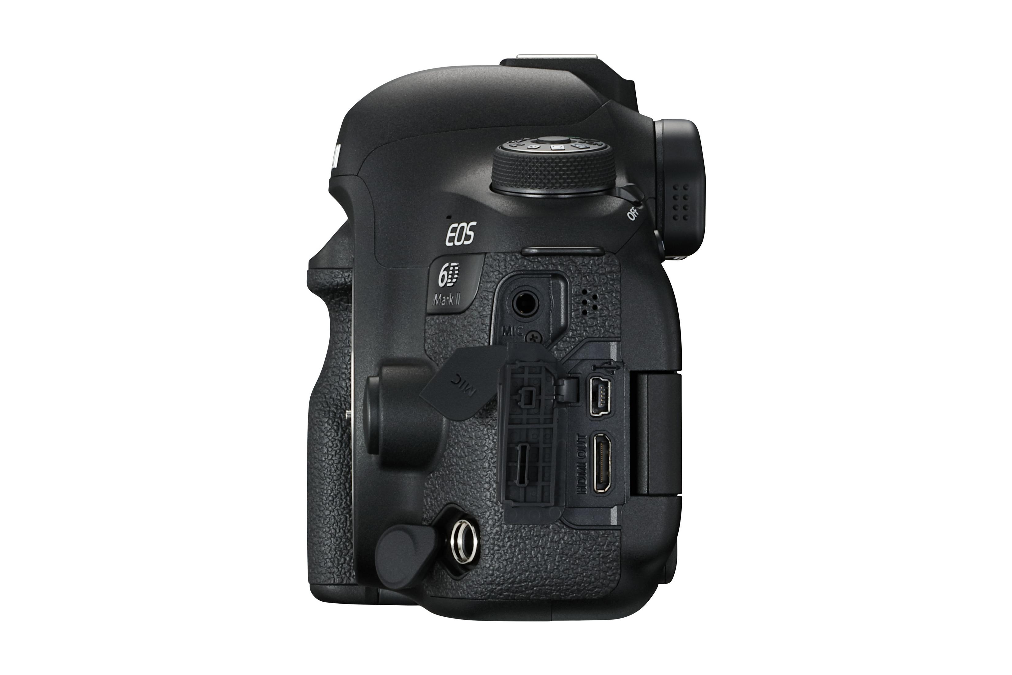 Schwarze Canon EOS 6D Mark II Kamera, Seitenansicht, Anschlüsse sichtbar.