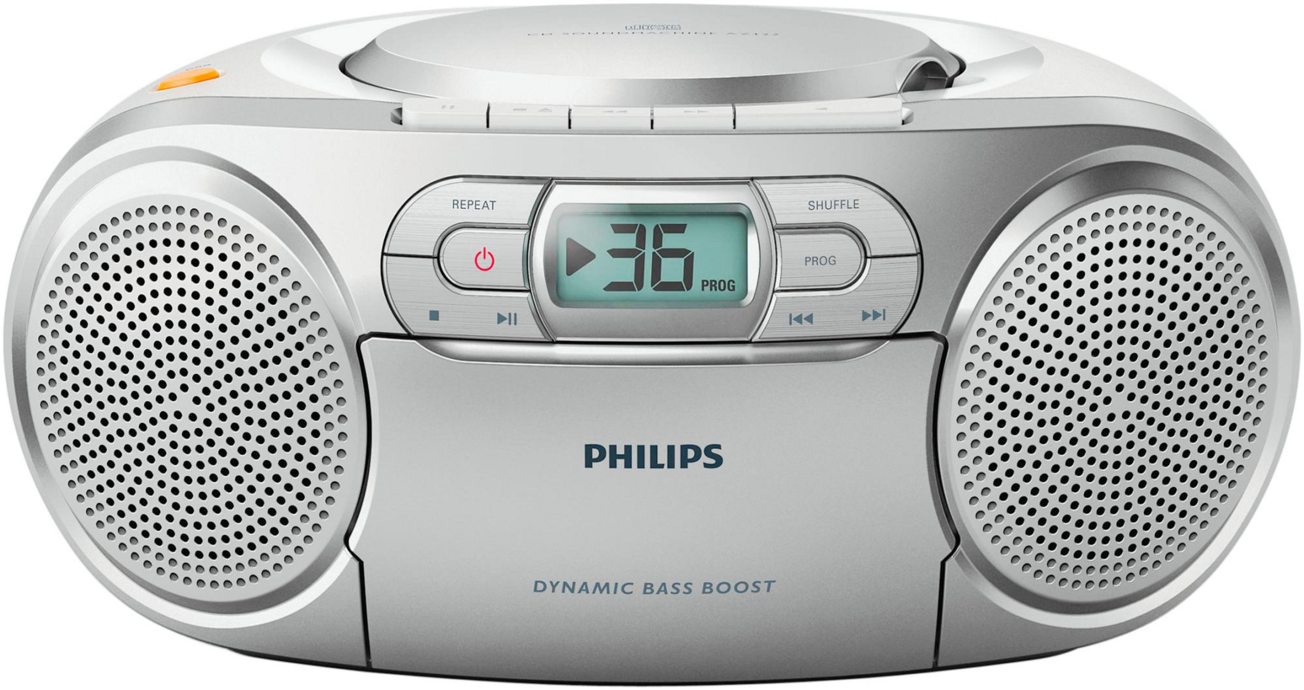 Zilver-grijze Philips boombox met cd-speler en display, Dynamic Bass Boost.