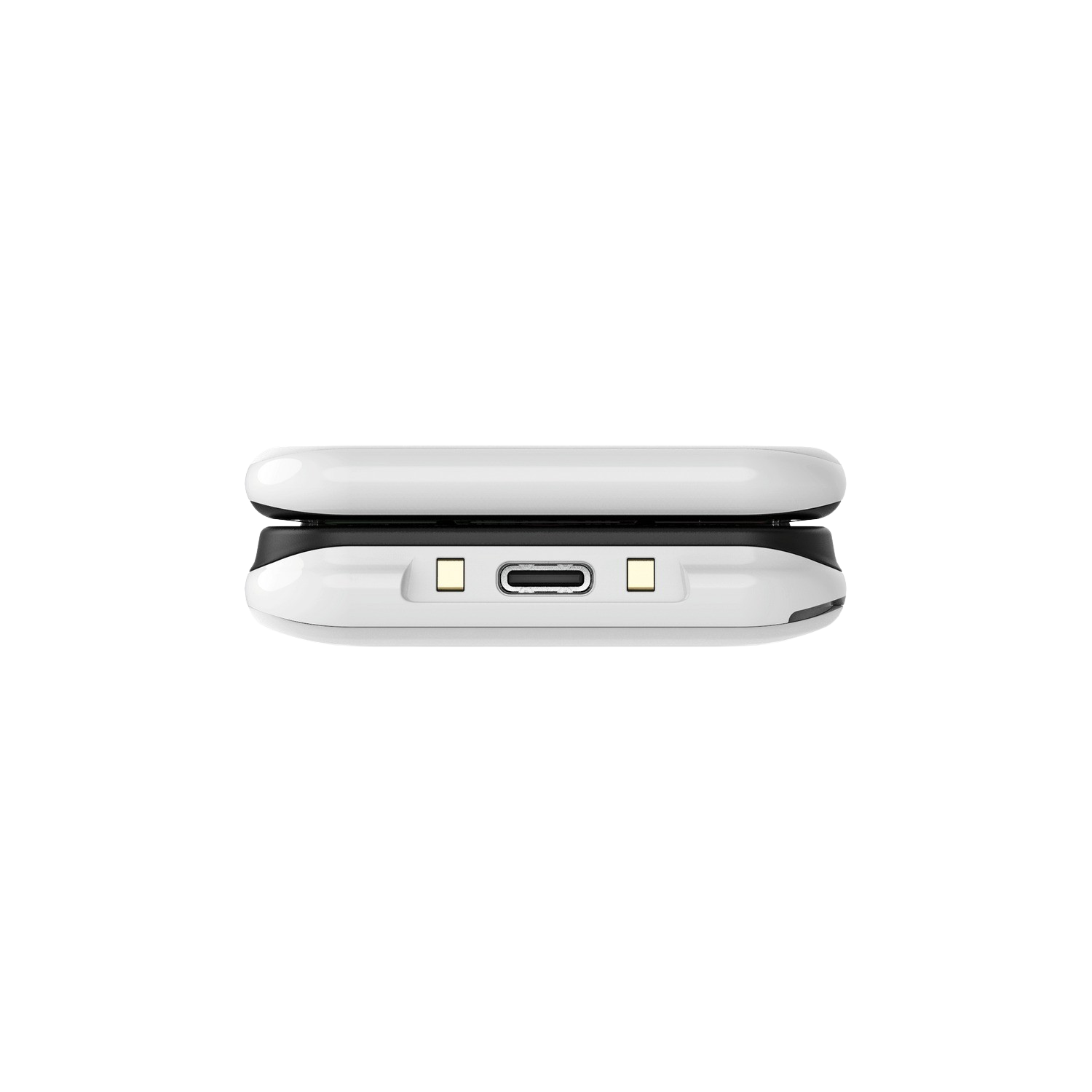 Biało-czarna ładowarka bezprzewodowa. Ma port USB-C na dole. Czarne tło.