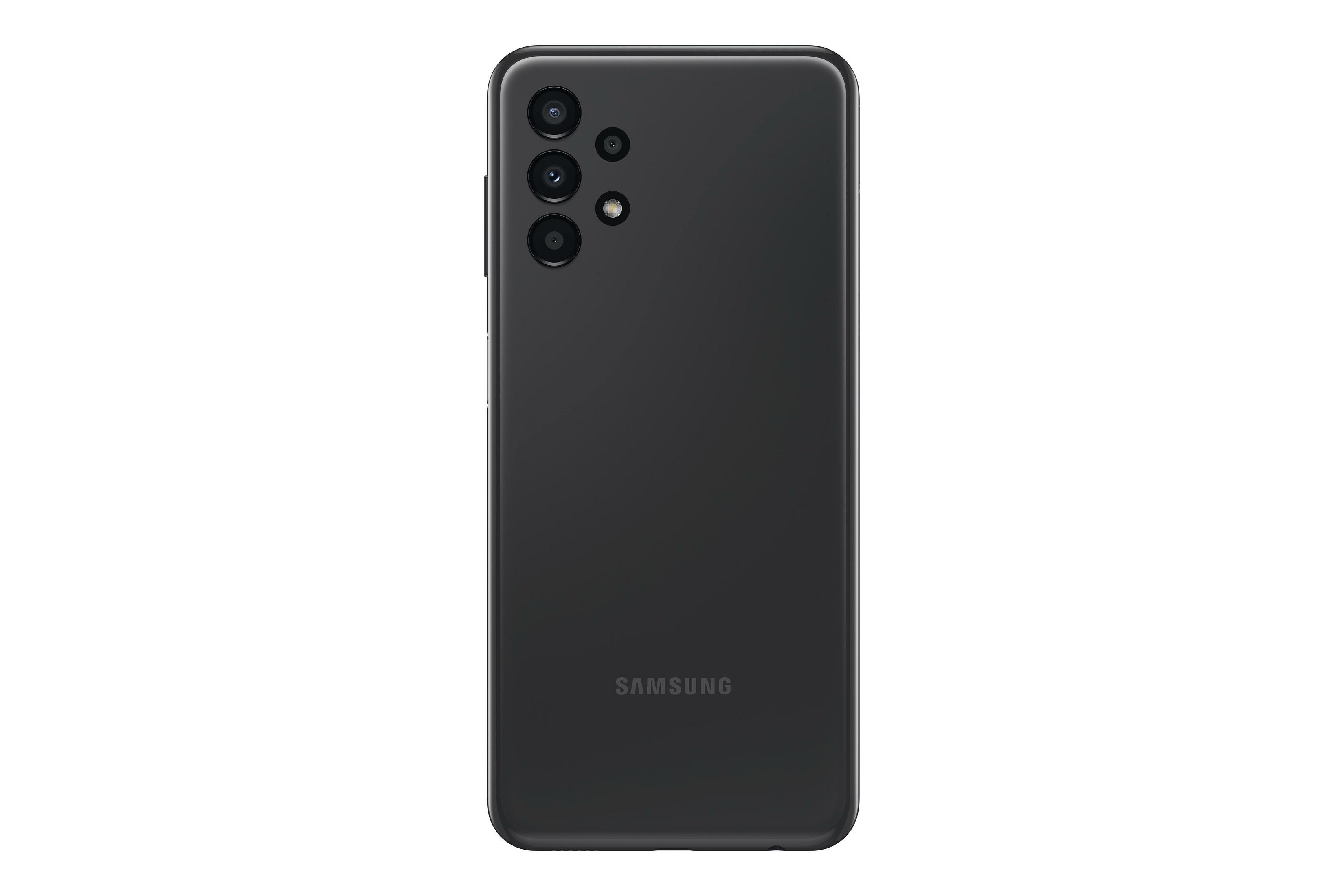 Zwarte Samsung telefoon achterkant. Achtercamera's, Samsung logo, op witte achtergrond.