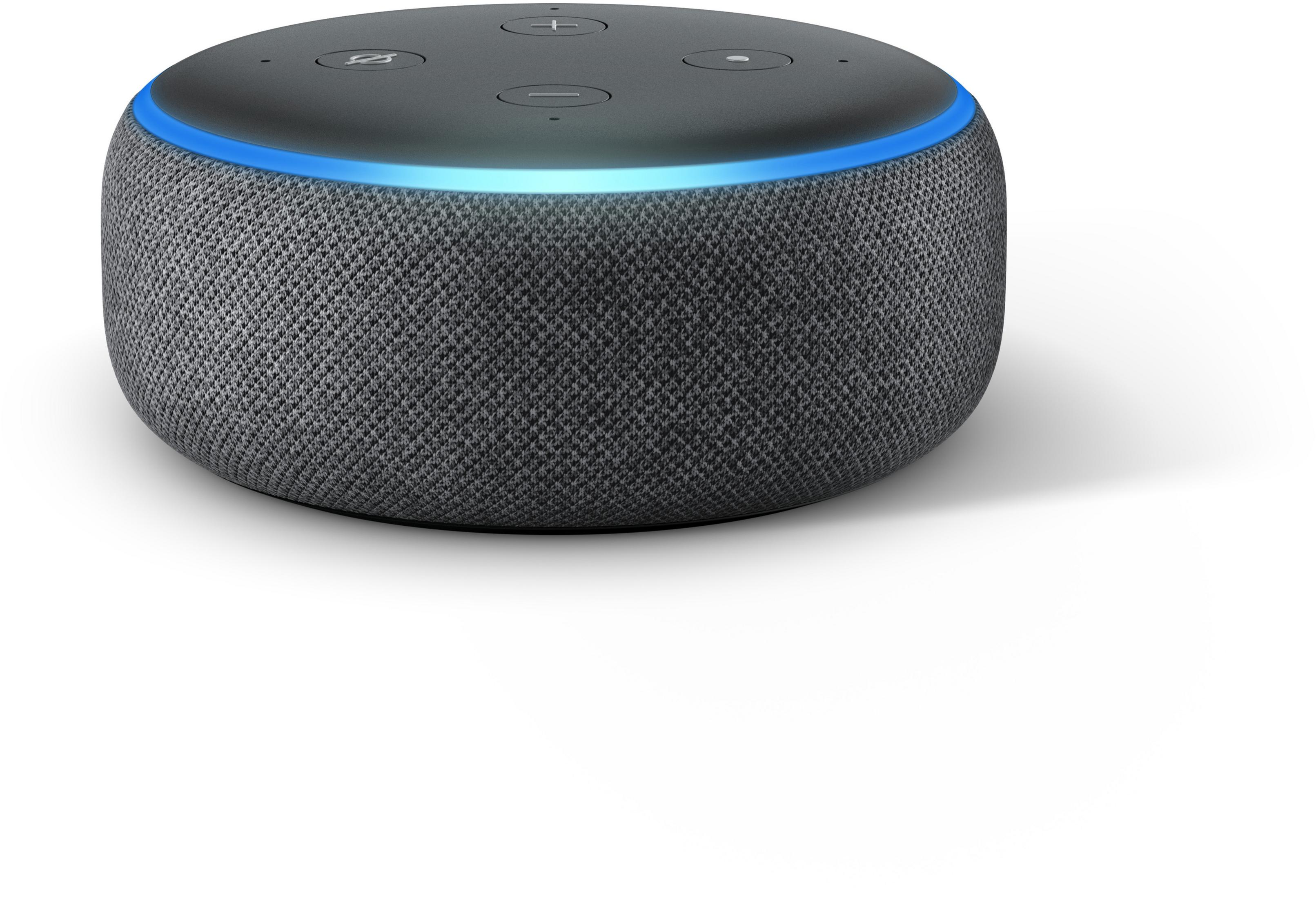 Ein grauer Smart-Lautsprecher mit blauem Lichtring und erhabenen Knöpfen.