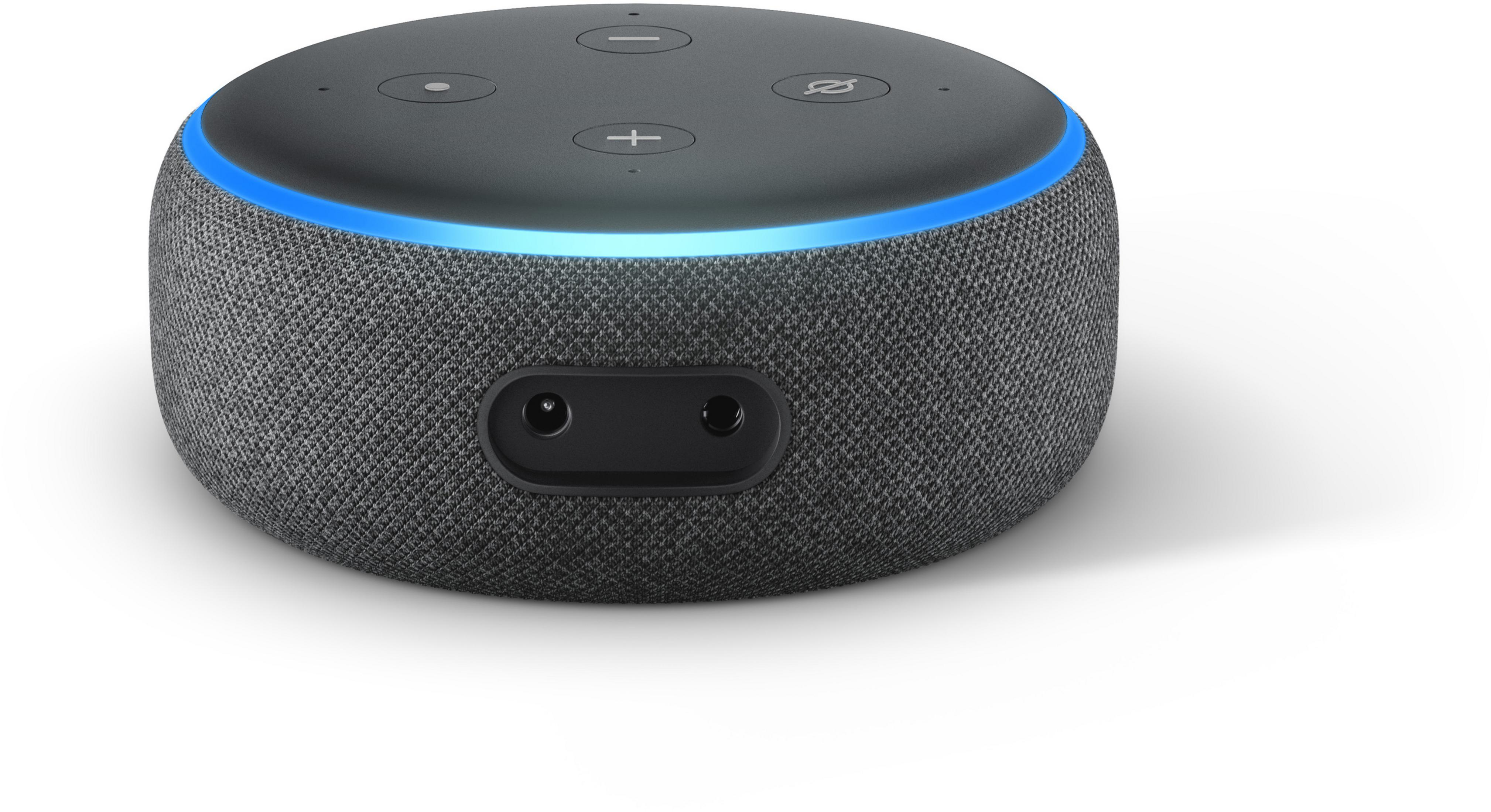 Ein grauer Smart-Lautsprecher mit blauem Lichtring auf weißem Hintergrund.