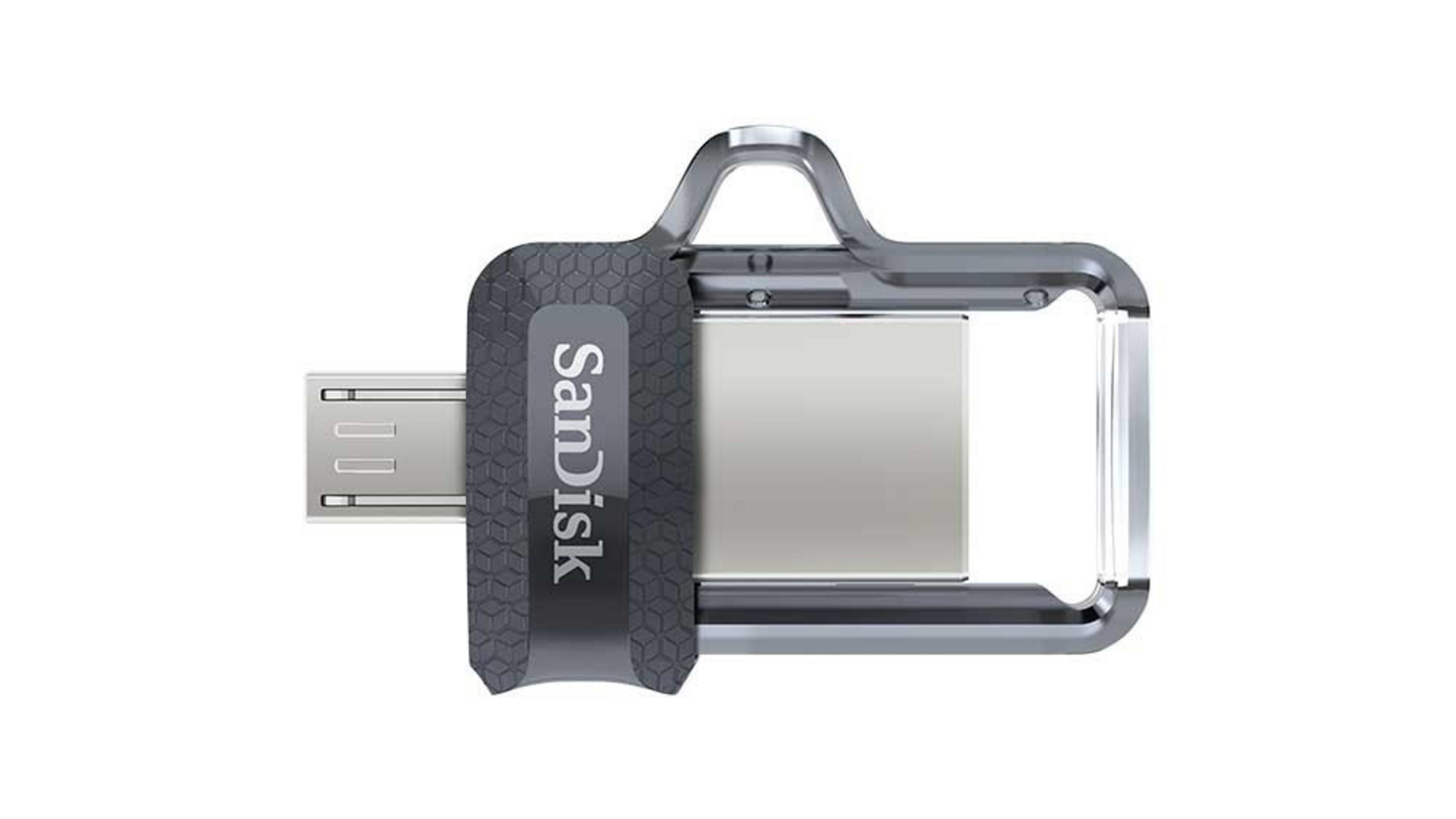 Ein grauer und schwarzer SanDisk USB-Stick. Es hat ein doppelseitiges Design und ein metallisches Finish.