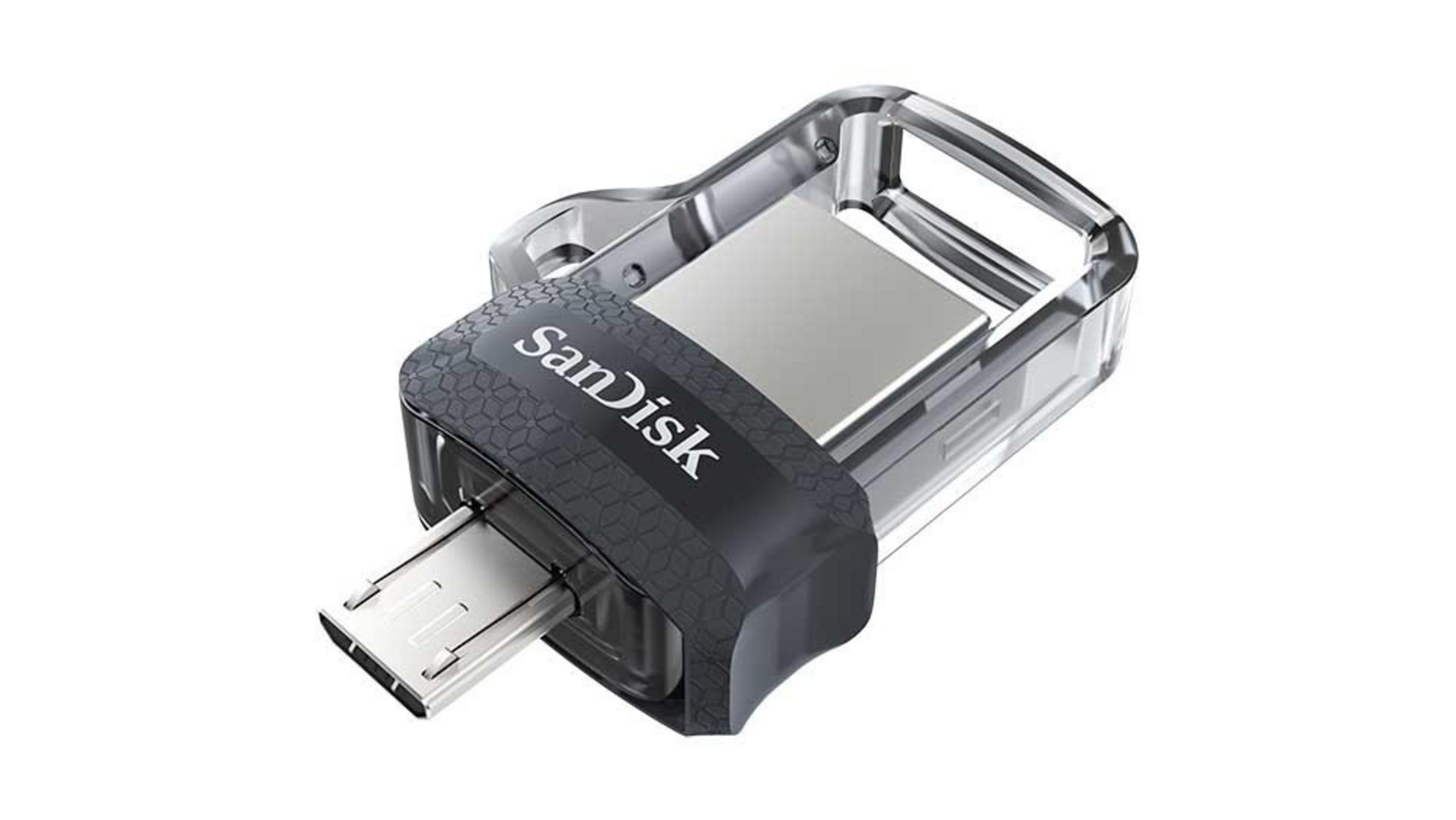 Czarny i przezroczysty dysk USB Sandisk dual. Dysk ma złącze micro-USB.