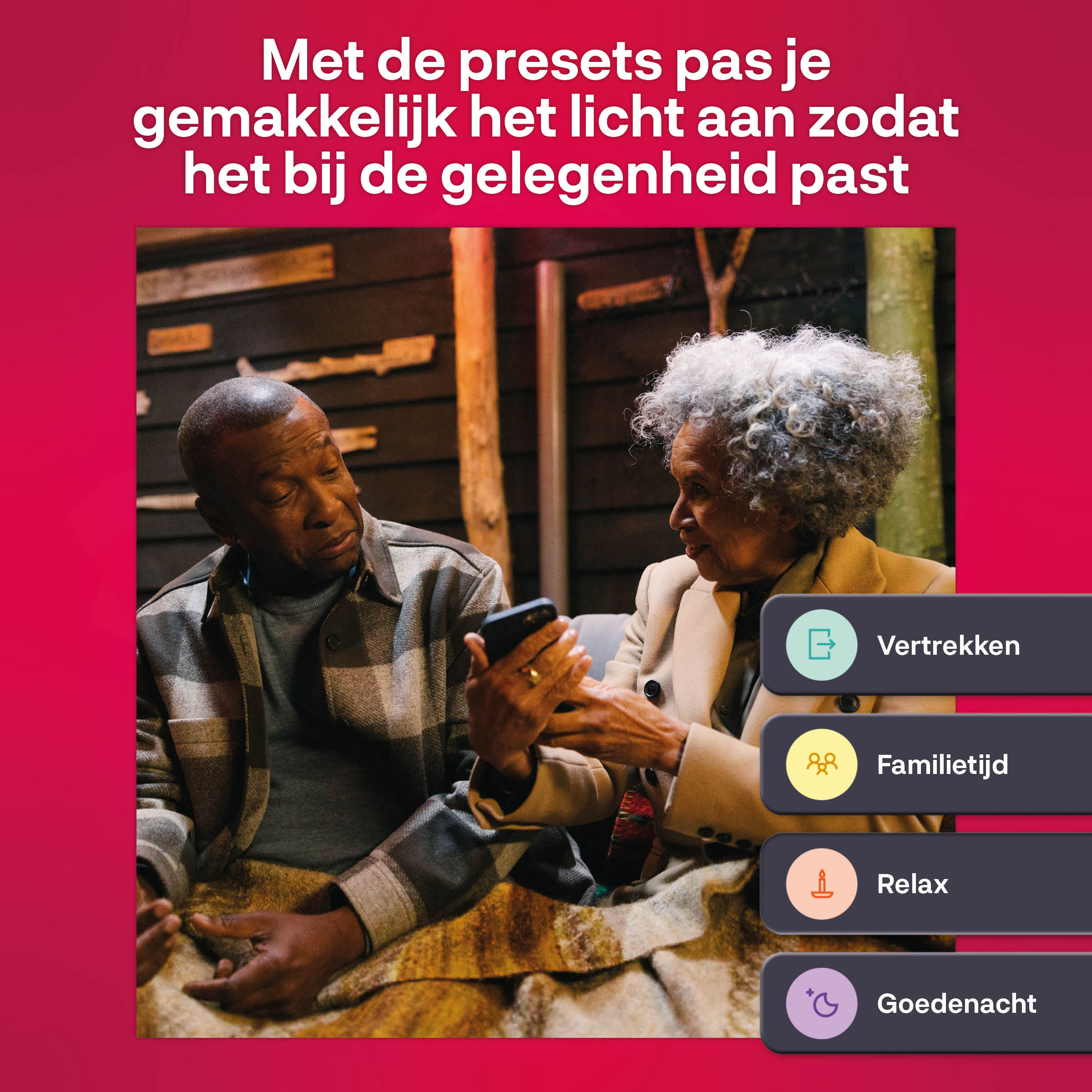 Zwei Personen schauen auf ein Telefon mit Optionen. Niederländischer Text mit Icons.