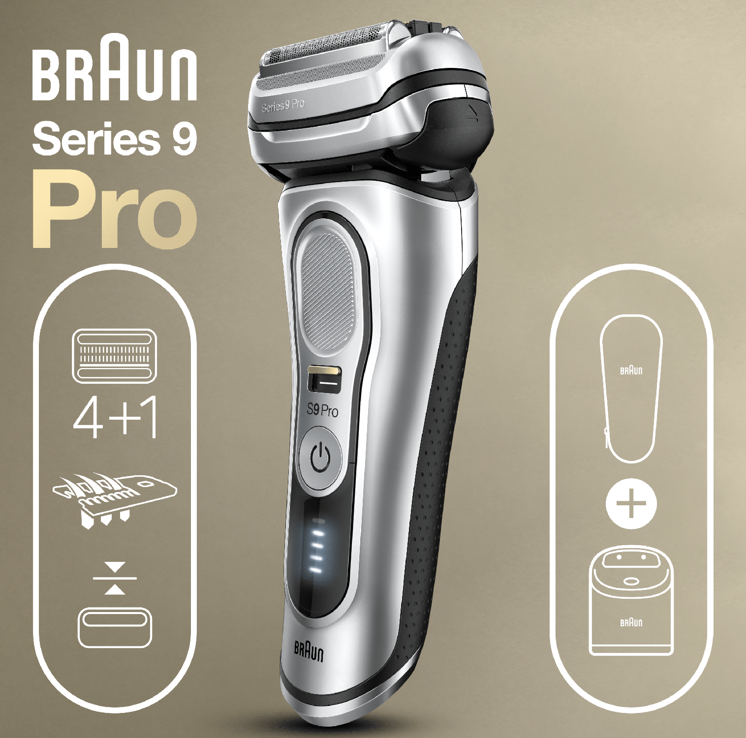 Rasoio elettrico Braun Series 9 Pro con accessori su sfondo dorato.