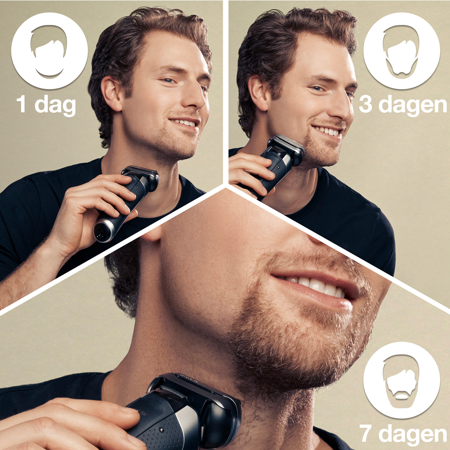Tre immagini che mostrano un uomo che si rade la barba a 1, 3 e 7 giorni con un rasoio elettrico.