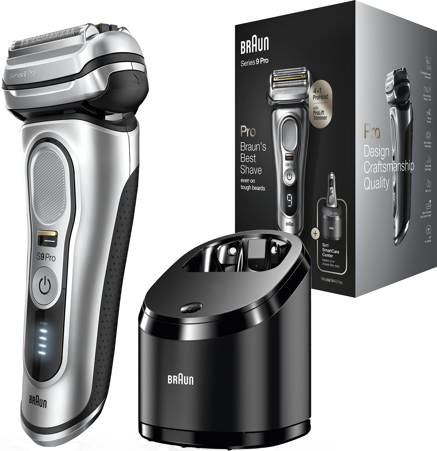 Un rasoio elettrico Braun Series 9 Pro argento e nero con base di ricarica e scatola.