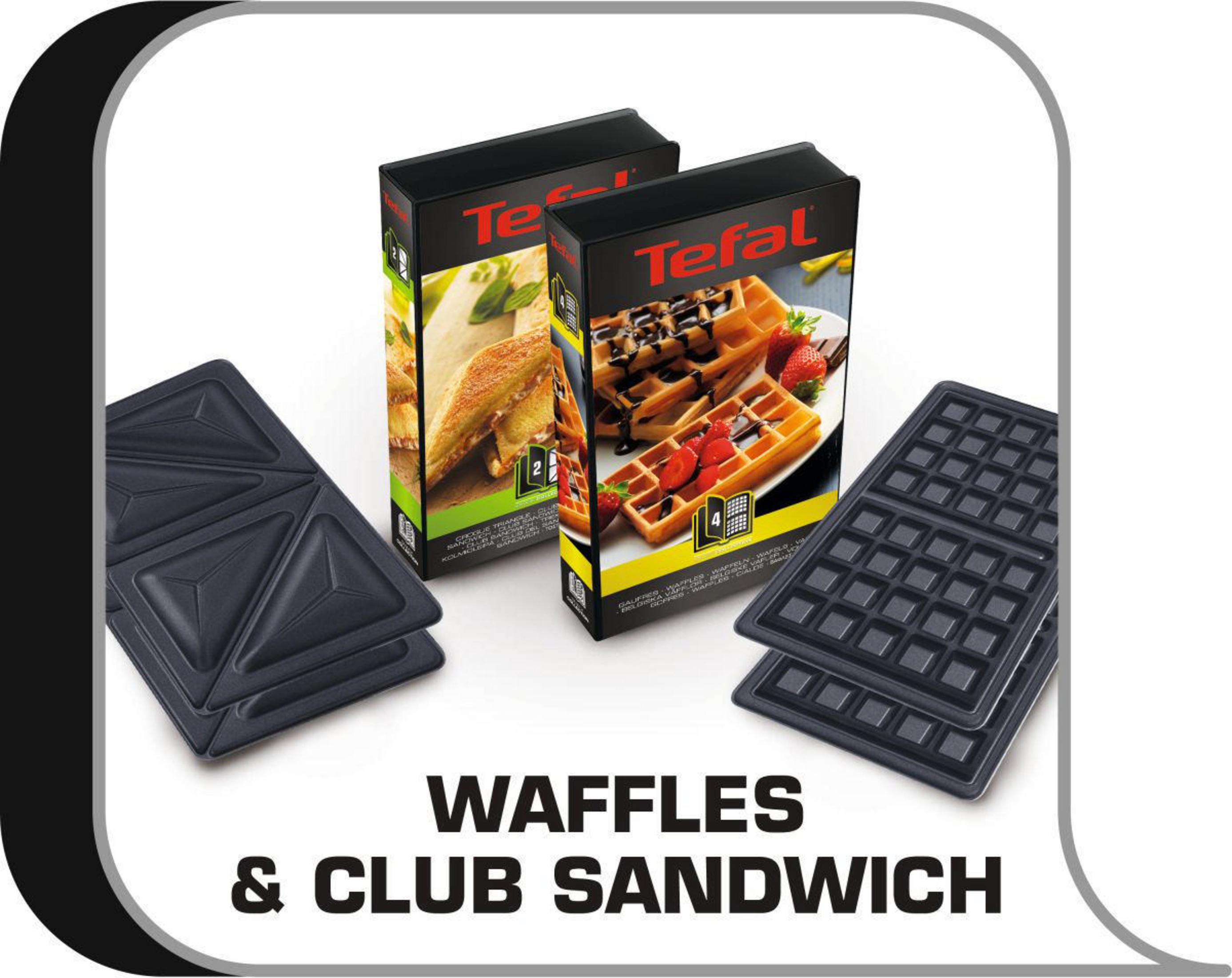 Waffeleisen und Sandwichmaker mit ihren Kartons. Text: Waffles & Club Sandwich.