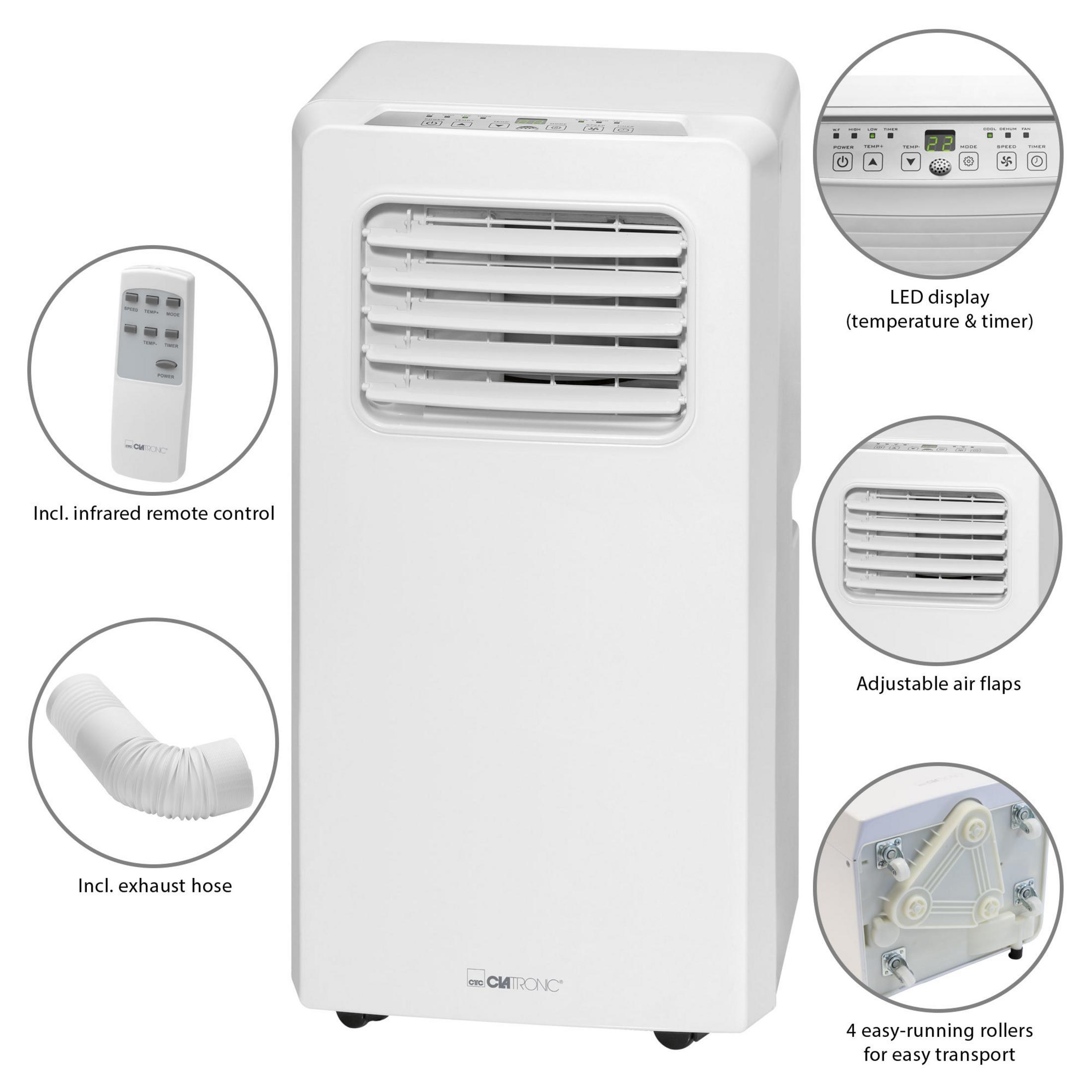 Un aire acondicionado portátil blanco con mando, manguera de escape y panel de control sobre blanco.