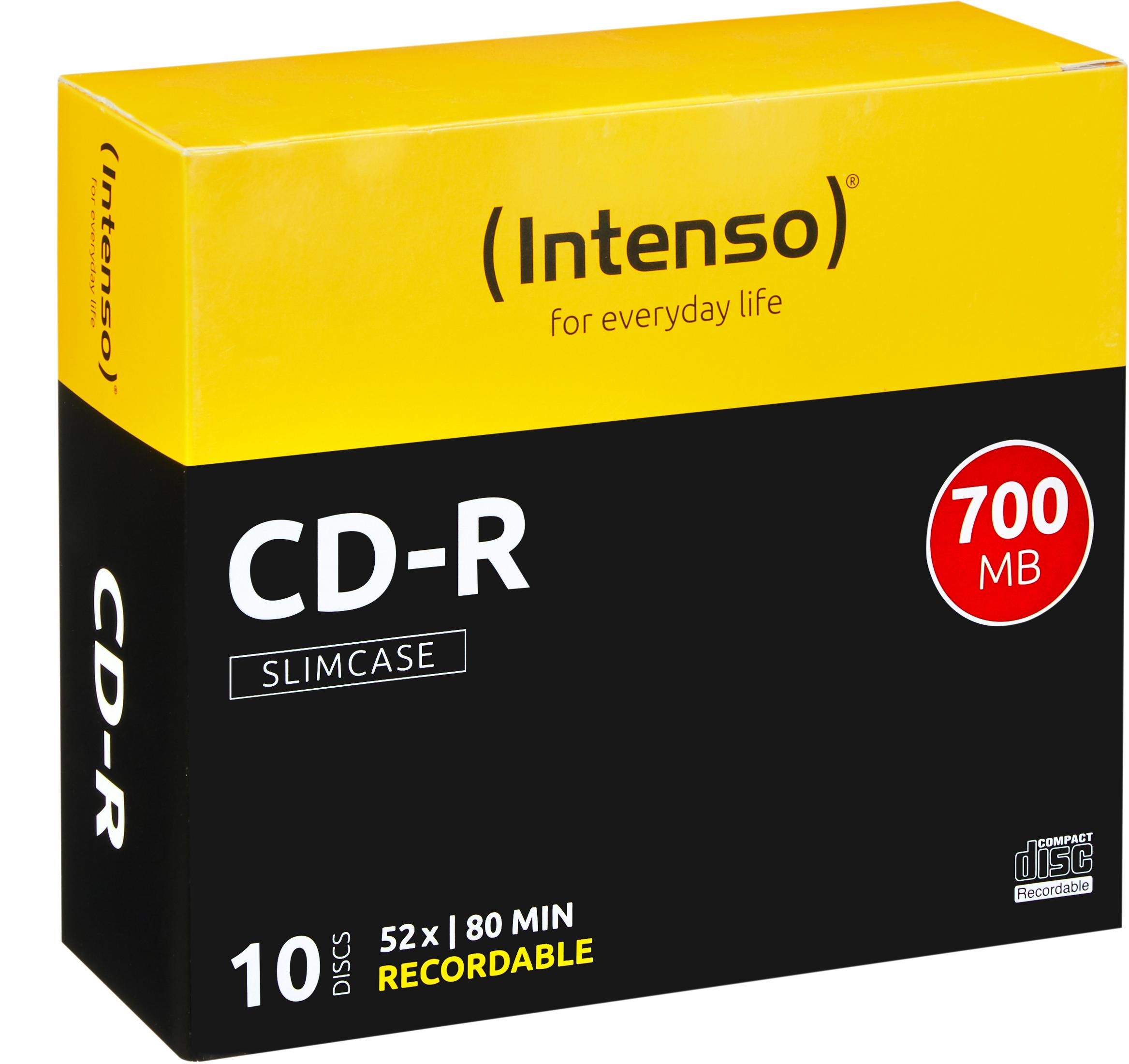 Una caja slimcase de CD-R amarilla y negra con la etiqueta 'Intenso' y el texto '700 MB'.