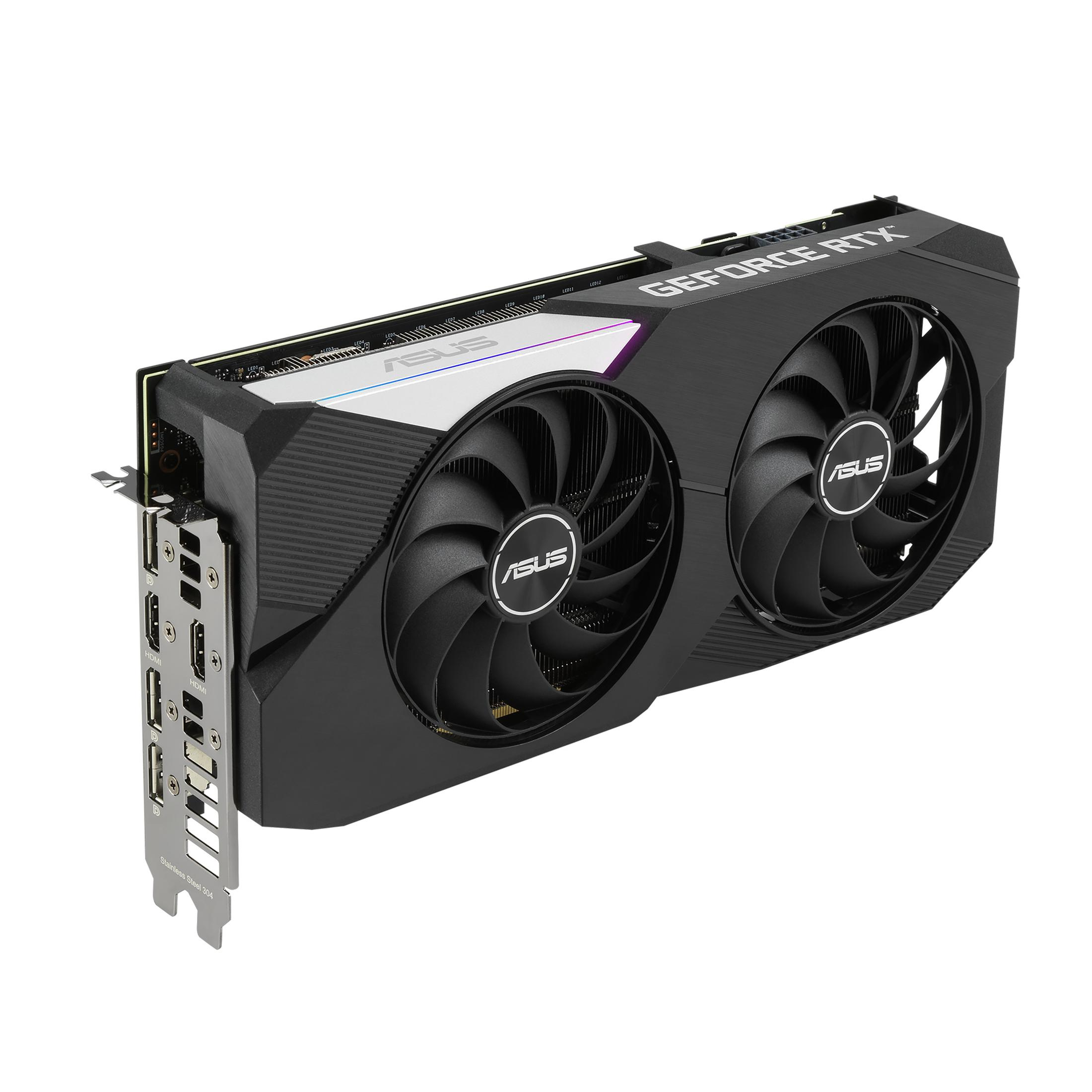 Nahaufnahme einer schwarzen und silbernen ASUS GeForce RTX Grafikkarte mit zwei Lüftern.
