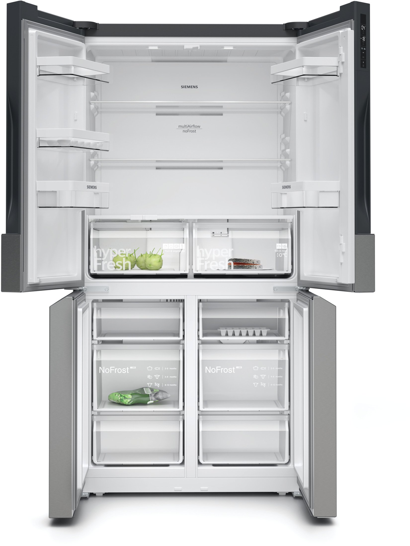 Geöffneter silberner und schwarzer Siemens Kühlschrank, mit sichtbaren Regalen und Schubladen.