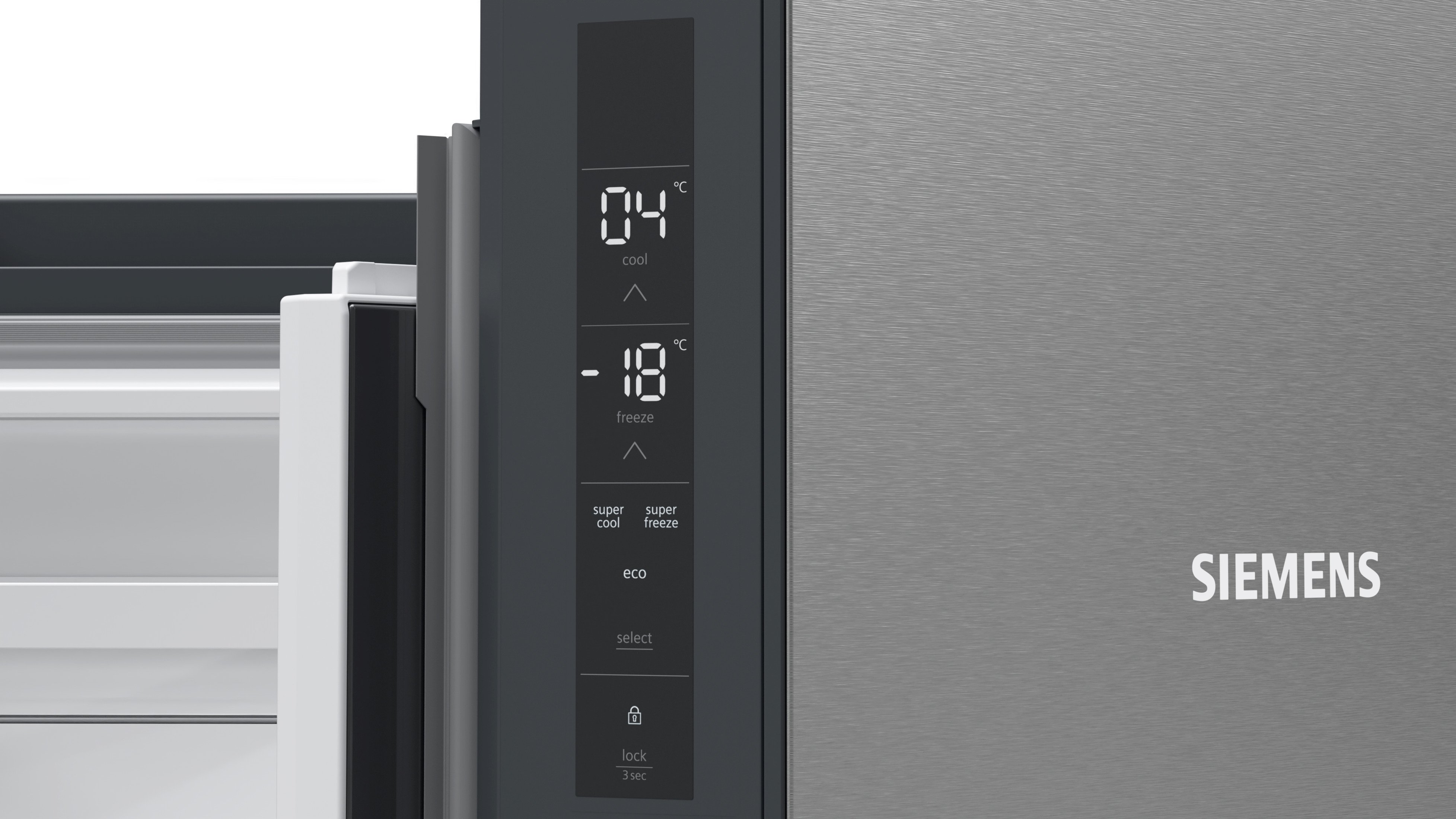 Nahaufnahme des Bedienfelds eines Kühlschranks. Es zeigt Temperatureinstellungen und eine digitale Anzeige.
