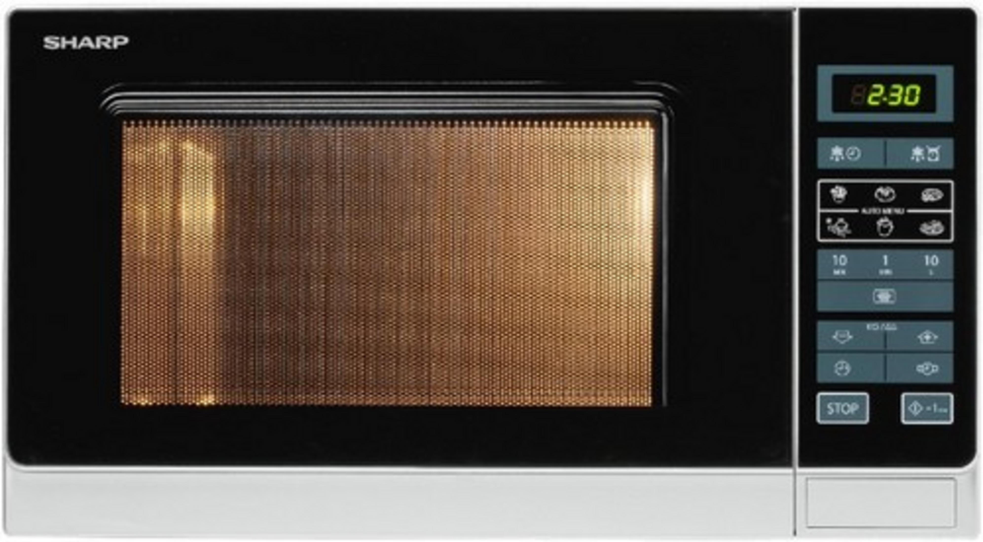 Un horno microondas negro con una pantalla digital y panel de control.
