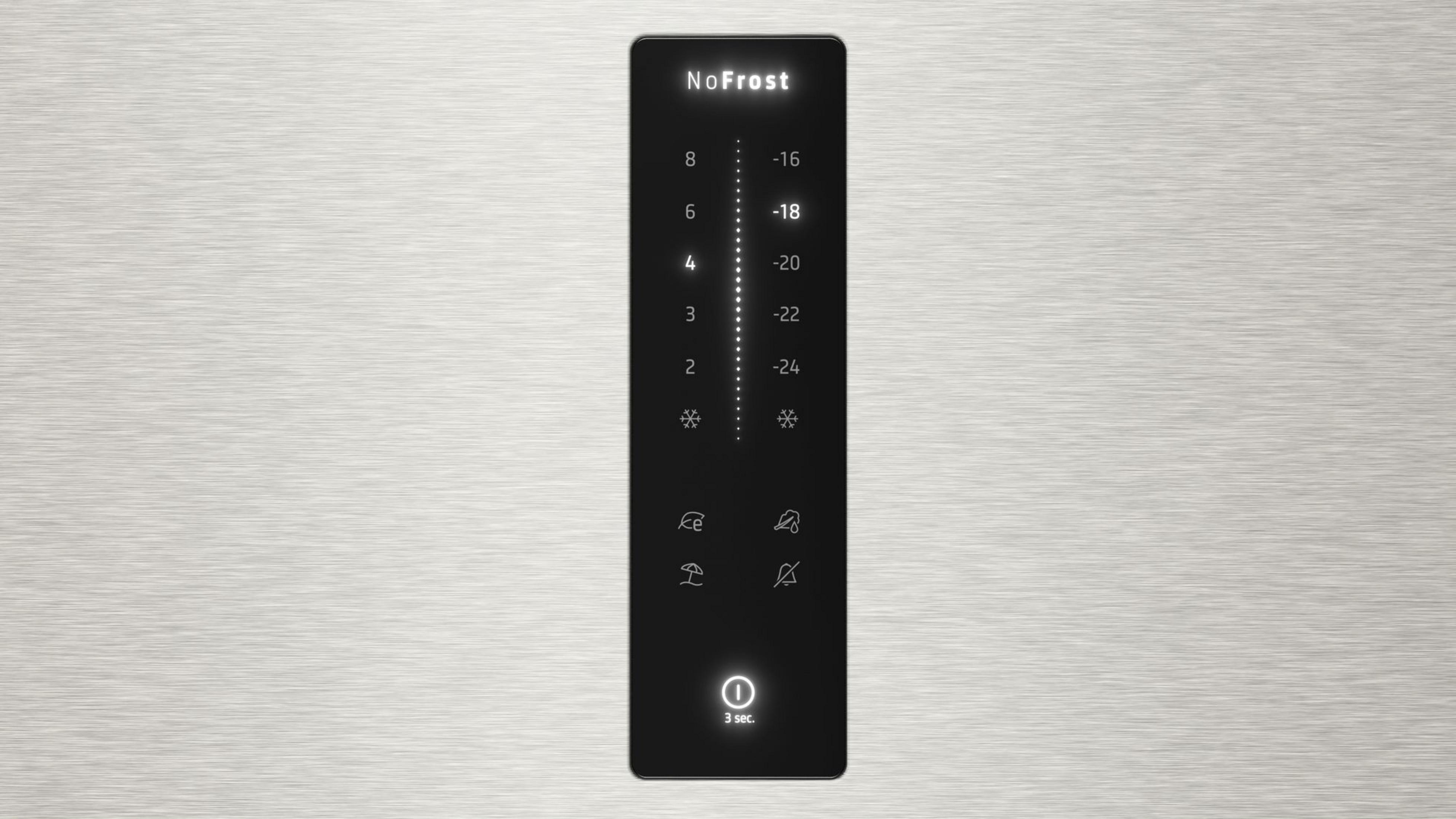 Ein schwarzes Kühlschrank-Bedienfeld mit Temperatureinstellungen und Symbolen.