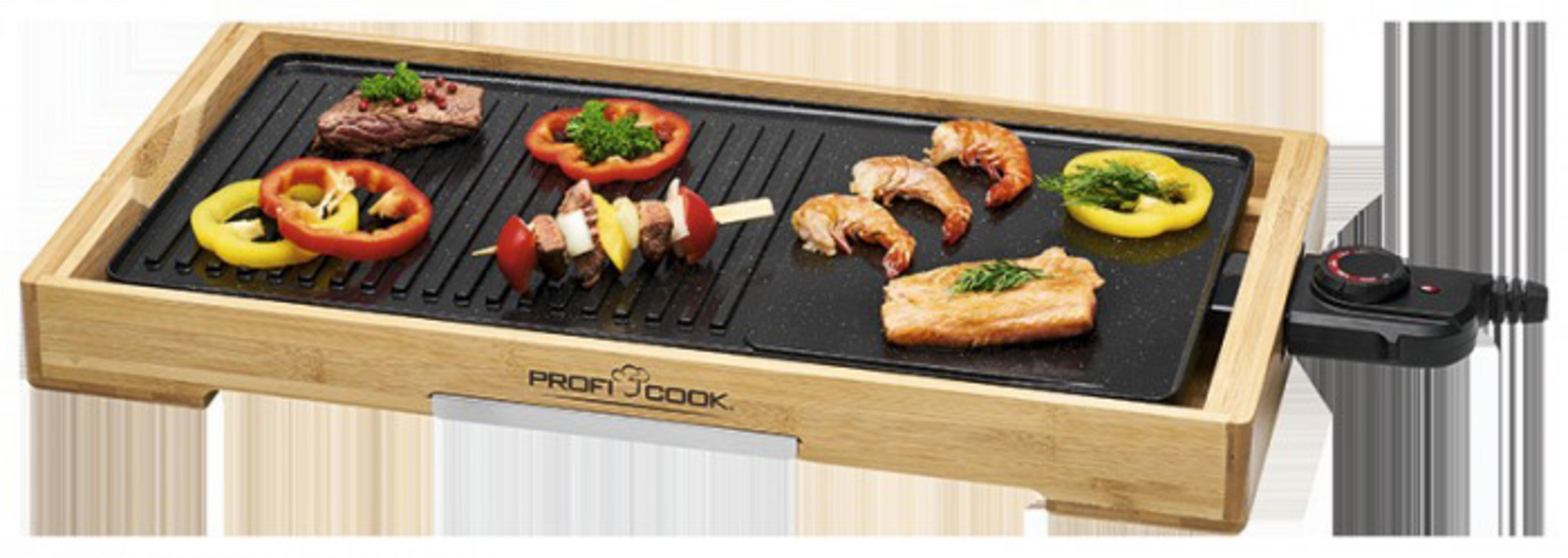 Elektrischer Holzgrill mit gegarten Speisen: Fleisch, Paprika und Garnelen. Er hat ein Steuerrad.