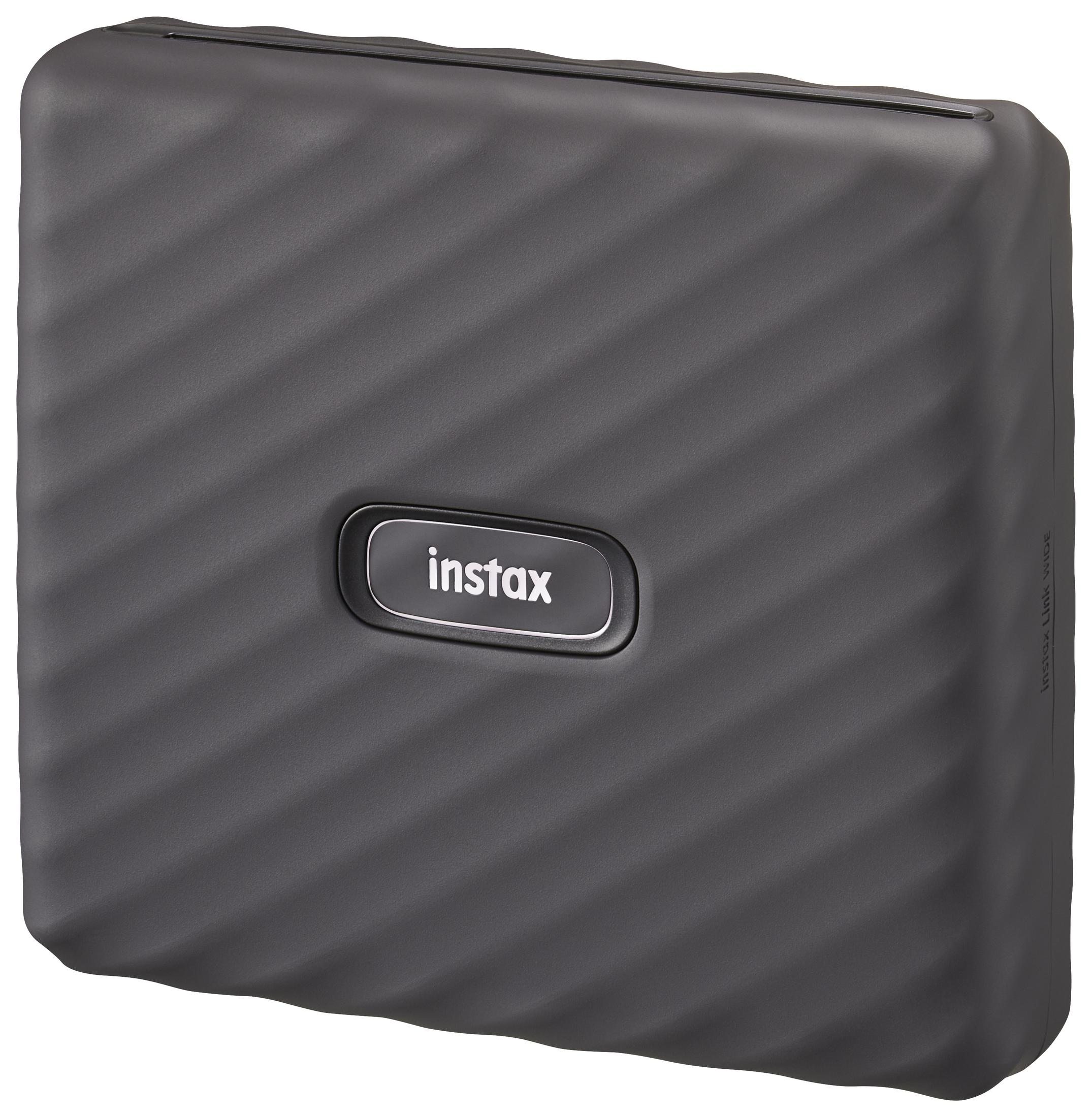 Schwarzer Instax Link-Drucker mit gerippter Textur und schwarzem Instax-Logo.