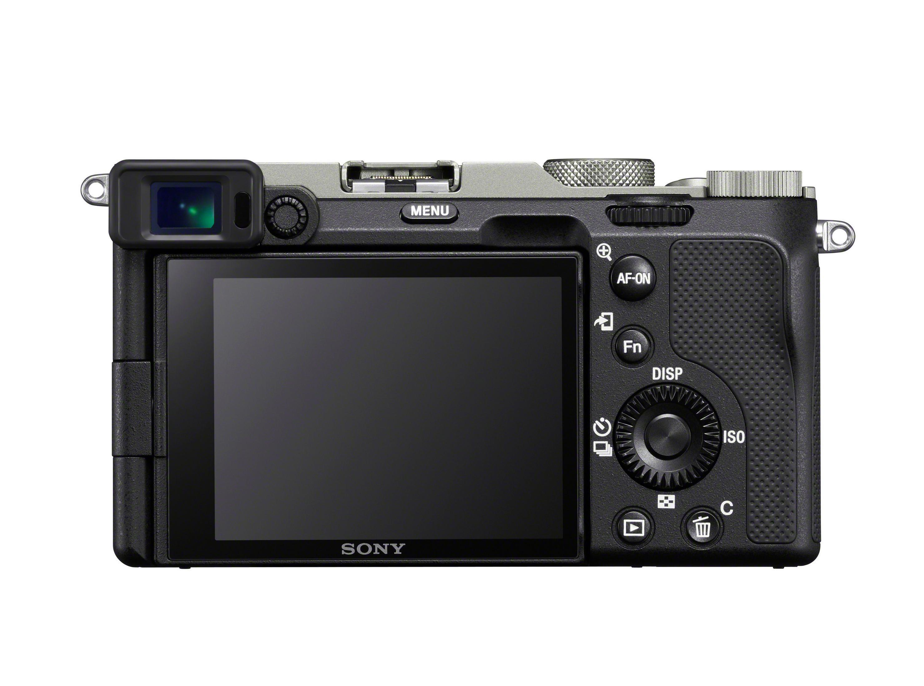 Rückansicht einer schwarzen Kamera mit Bildschirm, Knöpfen und Objektiv. Das Sony-Logo ist sichtbar.
