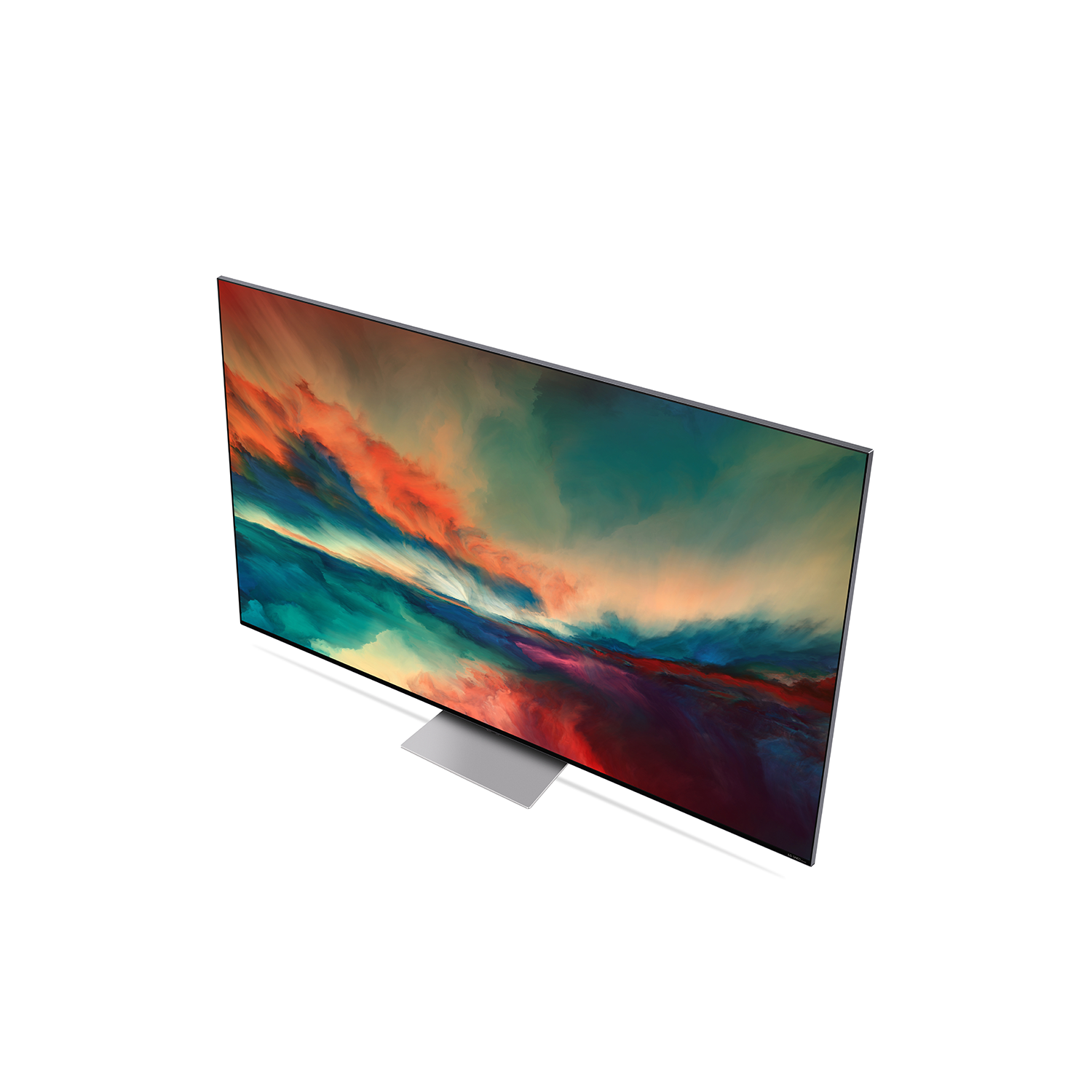 Telewizor z płaskim ekranem, widok z góry, krajobraz z pomarańczowymi, zielonymi i niebieskimi odcieniami.