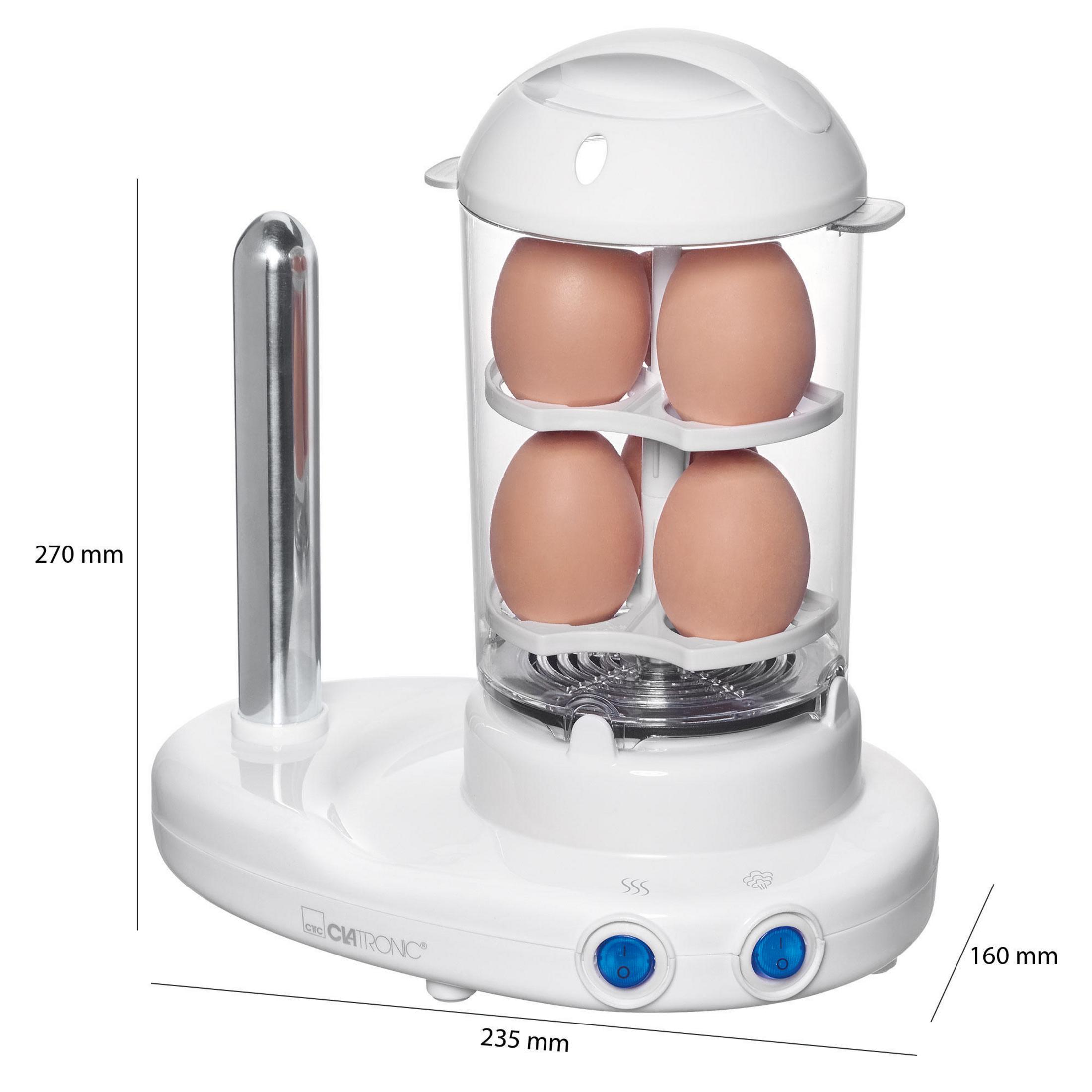 Białe urządzenie do gotowania jajek z czterema jajkami w środku. Ma przezroczystą pokrywę i niebieskie przyciski.