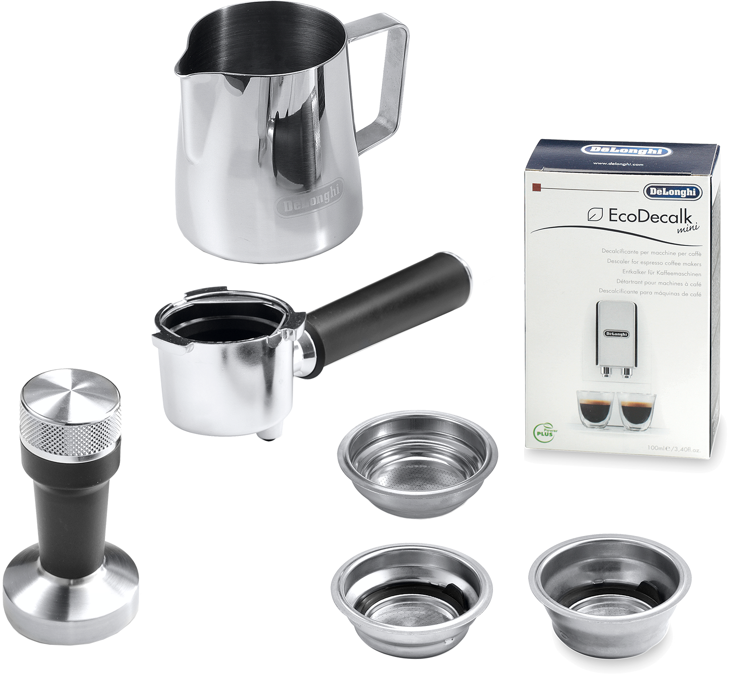 Componentes de la cafetera: jarra de leche, portafiltro, filtros, prensador y caja descalcificadora.