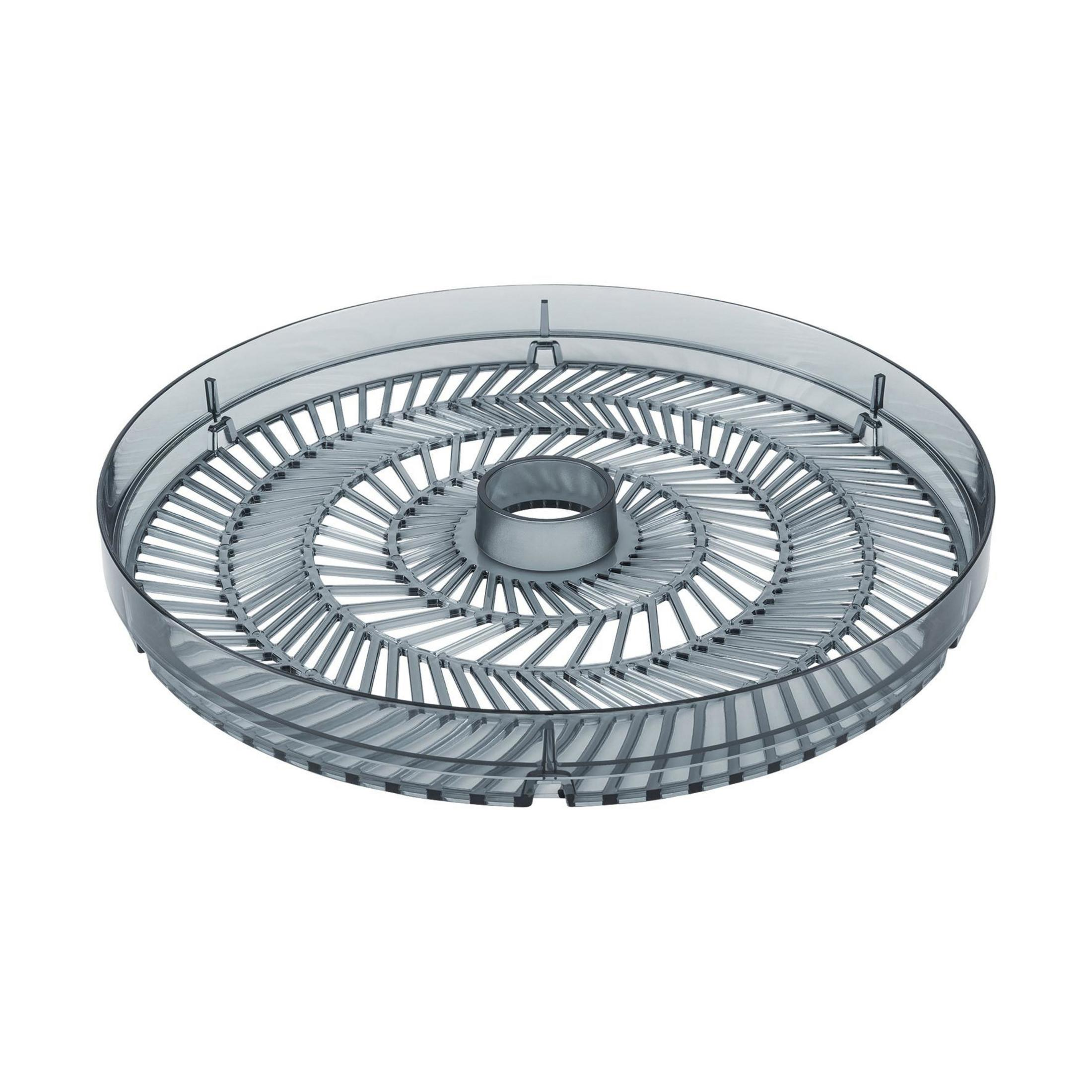 Un plateau de déshydrateur alimentaire circulaire gris avec un design de grille détaillé et complexe.