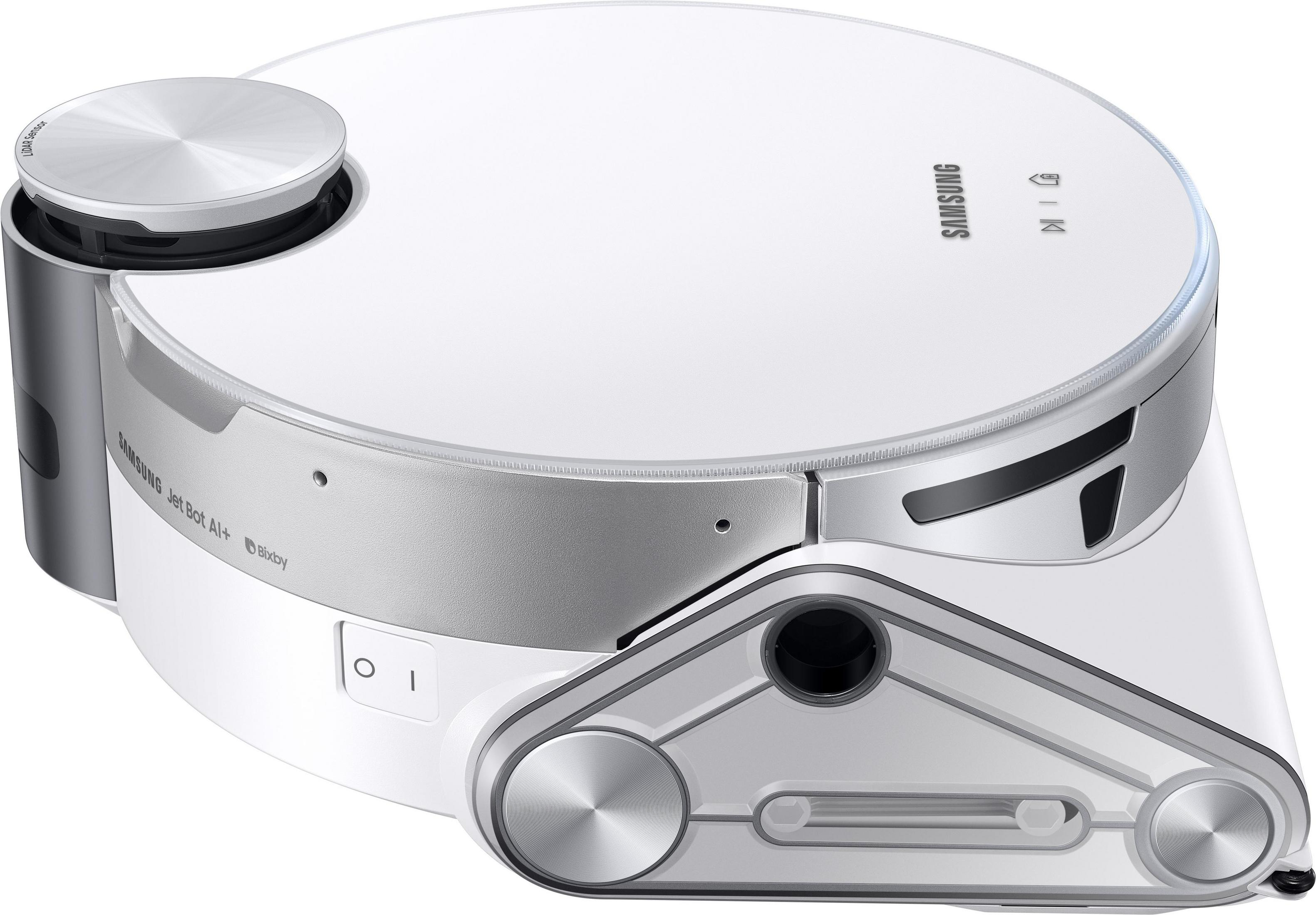 Biały robot odkurzający Samsung Jet Bot AI+. Posiada srebrne wykończenie, stację dokującą i przycisk.