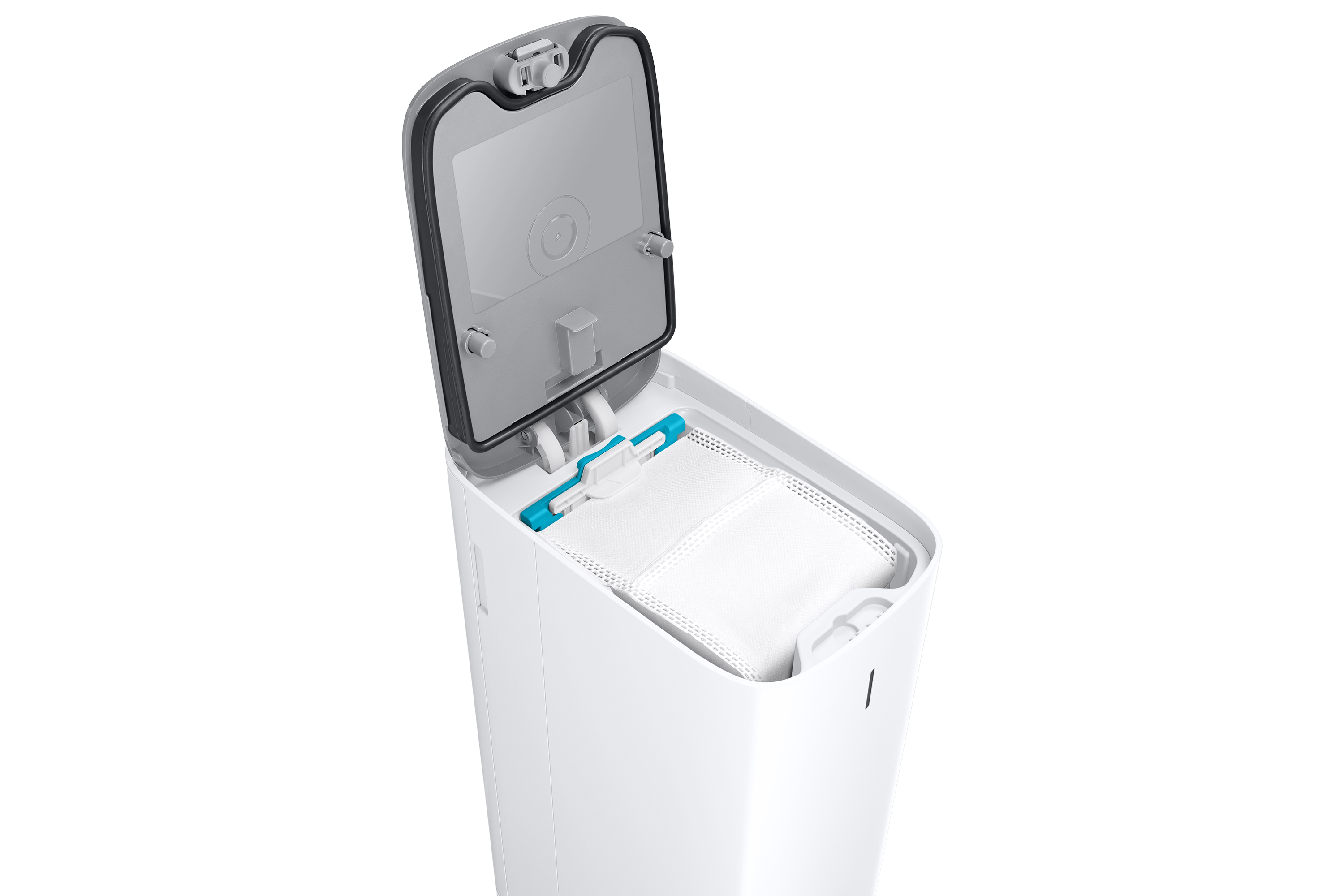 Biały kosz na śmieci z otwartą górą, odsłaniający worek filtrujący. Czarne tło.